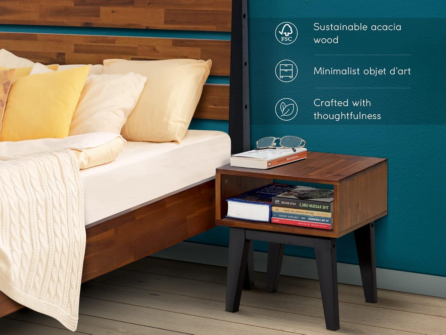 Acacia Emery 2-Pcs Bedroom Set – Solid Wood Platform Bed Frame & Matching Nightstand, Mid-Century Modern Farmhouse, 800 lbs Capacity, No Box Spring Needed
