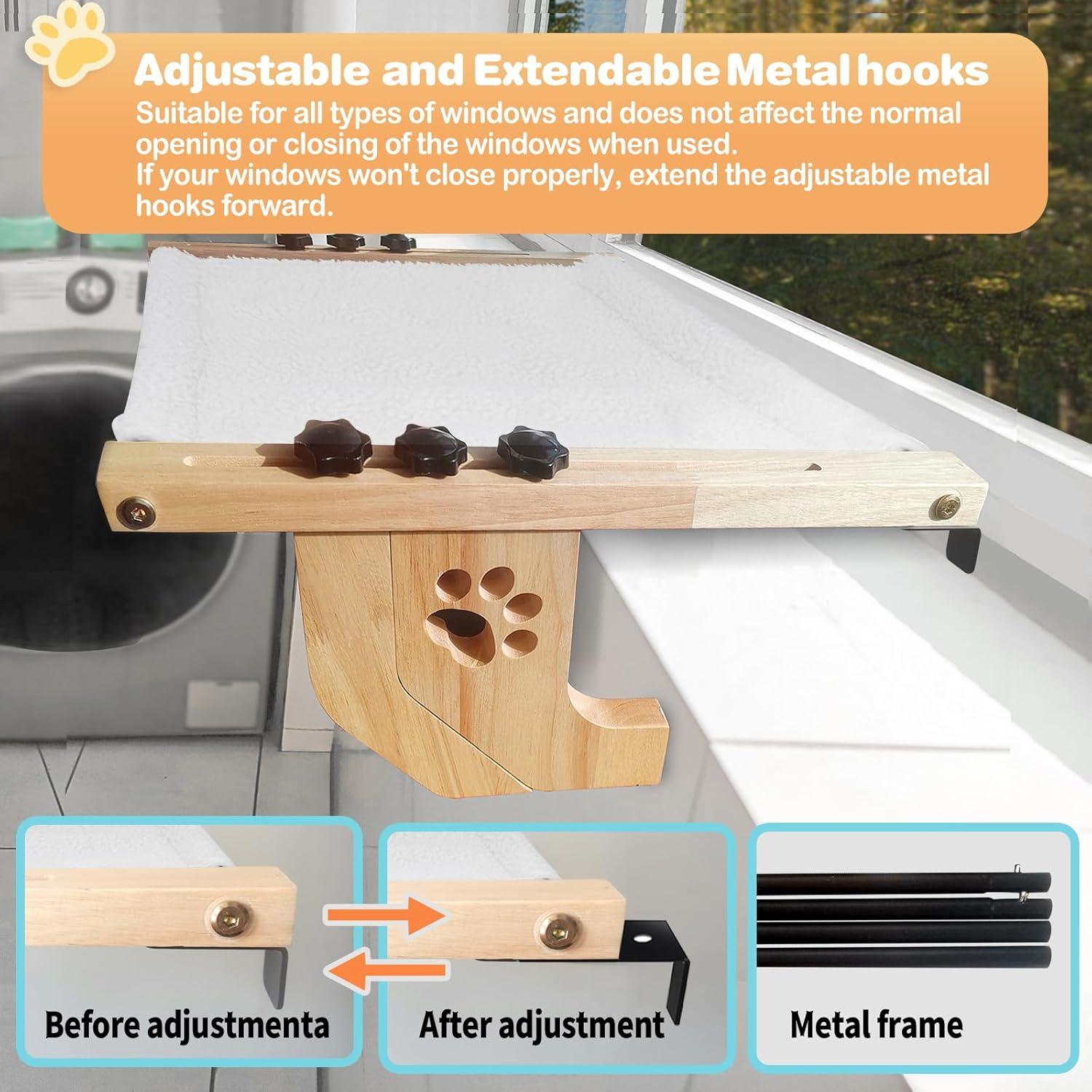 Window Perch Sturdy Cat Hammock With Wood and Metal Frame - No Drilling Required - Multiple Uses - Bed for Windowsill, Floor, Bedside or Cabinet - Suitable for Large Cats (L-White Plush)