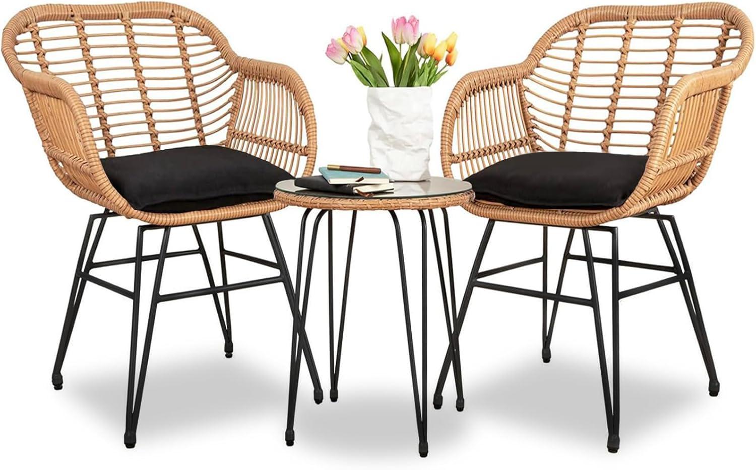 3 Piece Outdoor Wicker Furniture Patio Bistro Set, Balcony Furniture Rattan Conversation Sets, Outdoor Patio Chairs Set for Porch Poolside Garden, Black