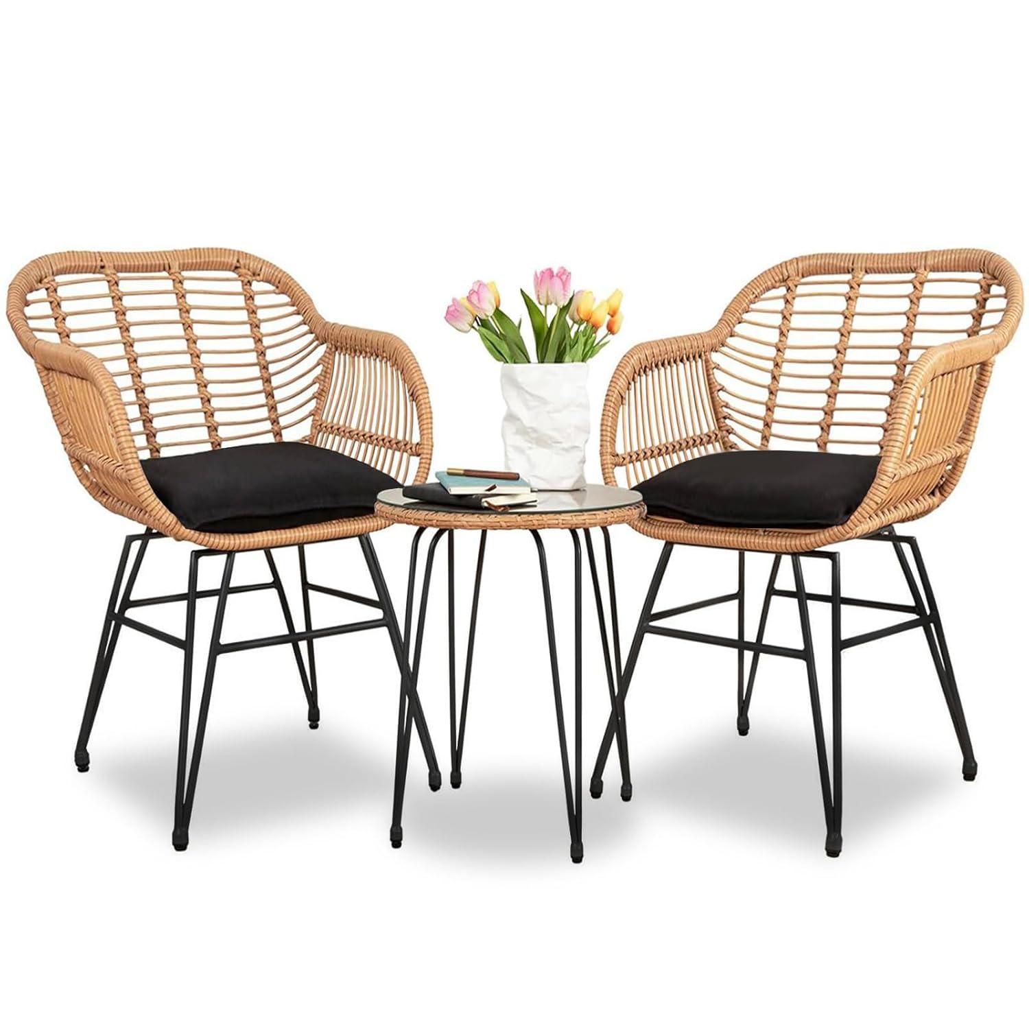 3 Piece Outdoor Wicker Furniture Patio Bistro Set, Balcony Furniture Rattan Conversation Sets, Outdoor Patio Chairs Set for Porch Poolside Garden, Black