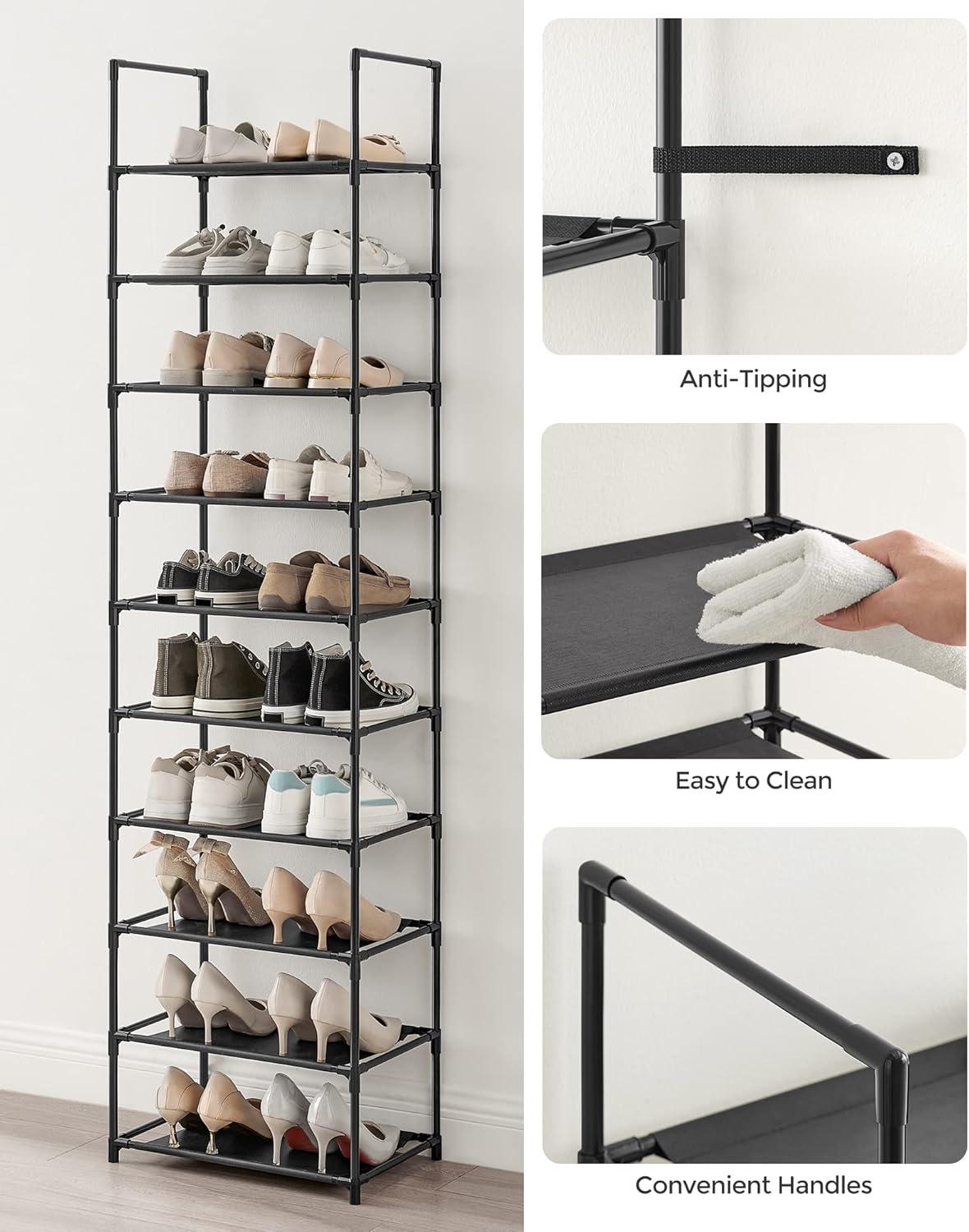 Shoe Rack, 10 Tier Shoe Shelf, Shoe Storage Organizer, Space-Saving, 11 x 17.7 x 68.1 Inches, Metal Frame, Non-Woven Fabric Shelves, for Entryway, Bedroom, Black