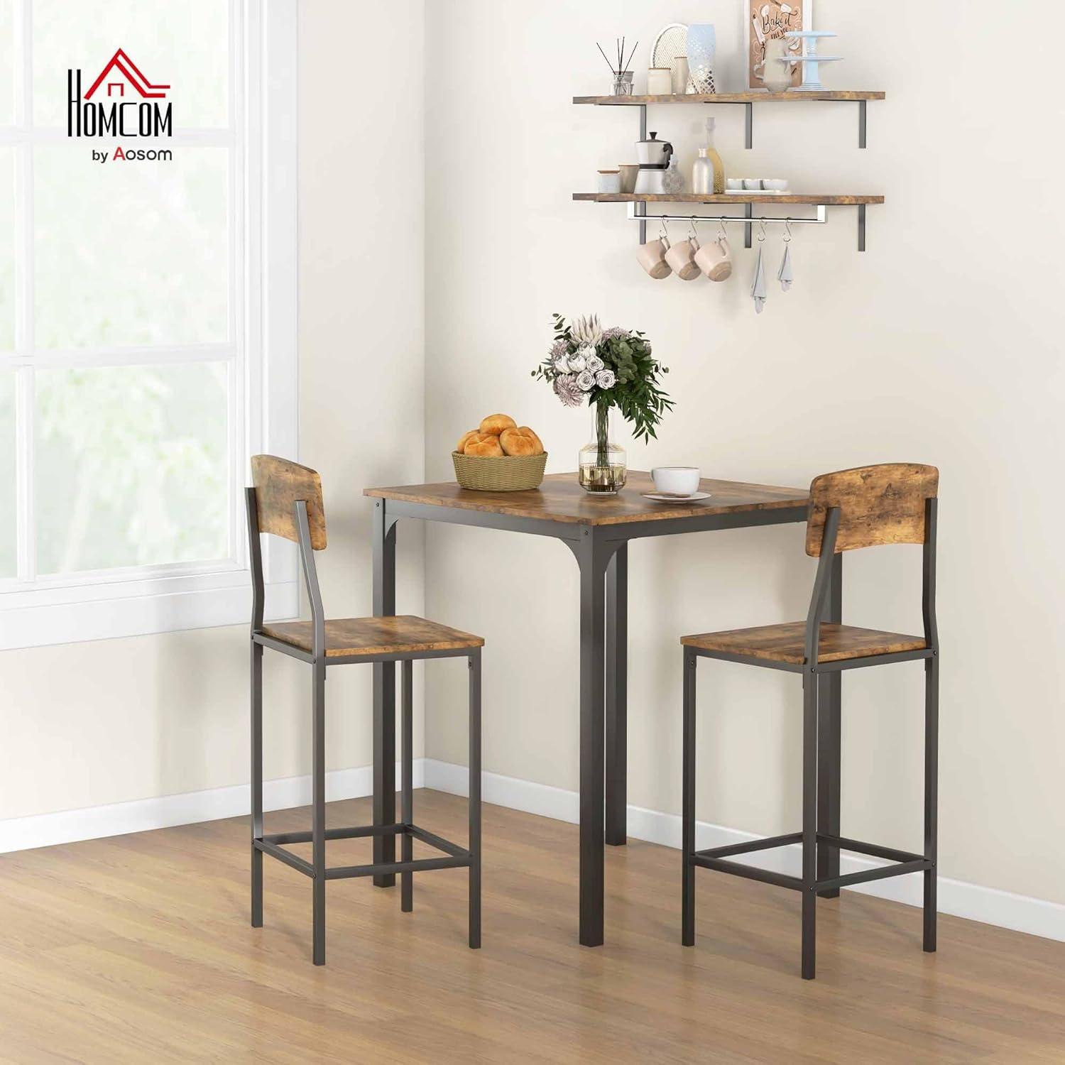 HOMCOM 3 Piece Bar Table and Chairs Set, Industrial Small Dining Table Set for 2, Square Kitchen Table and Stools, Rustic Brown and Black