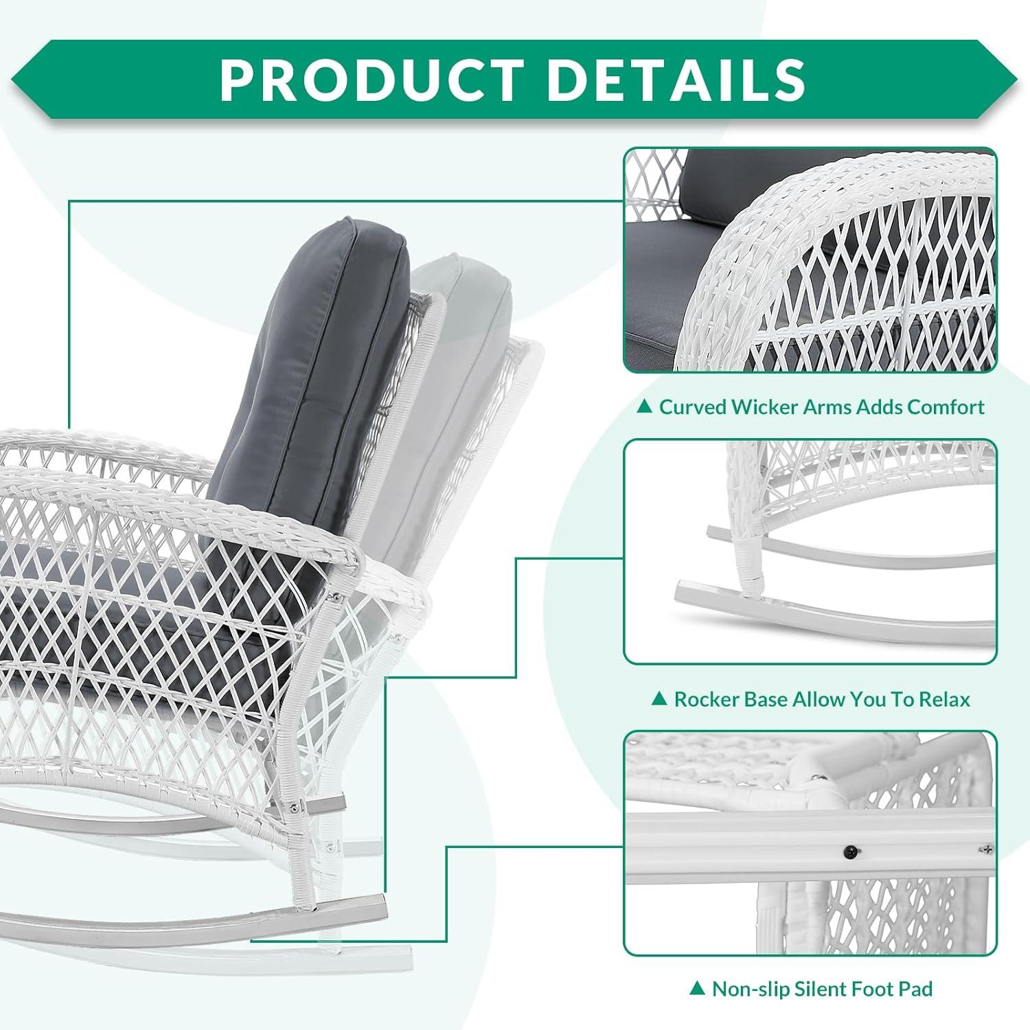 Highland Dunes Highland Dunes Outdoor Wicker Rocking Chair, Rattan Patio Rocker Chairs With Cushions And High Back, All-Weather Patio Wicker Chair With Safe Rocking Design For Garden Backyard Porch, White Wicker