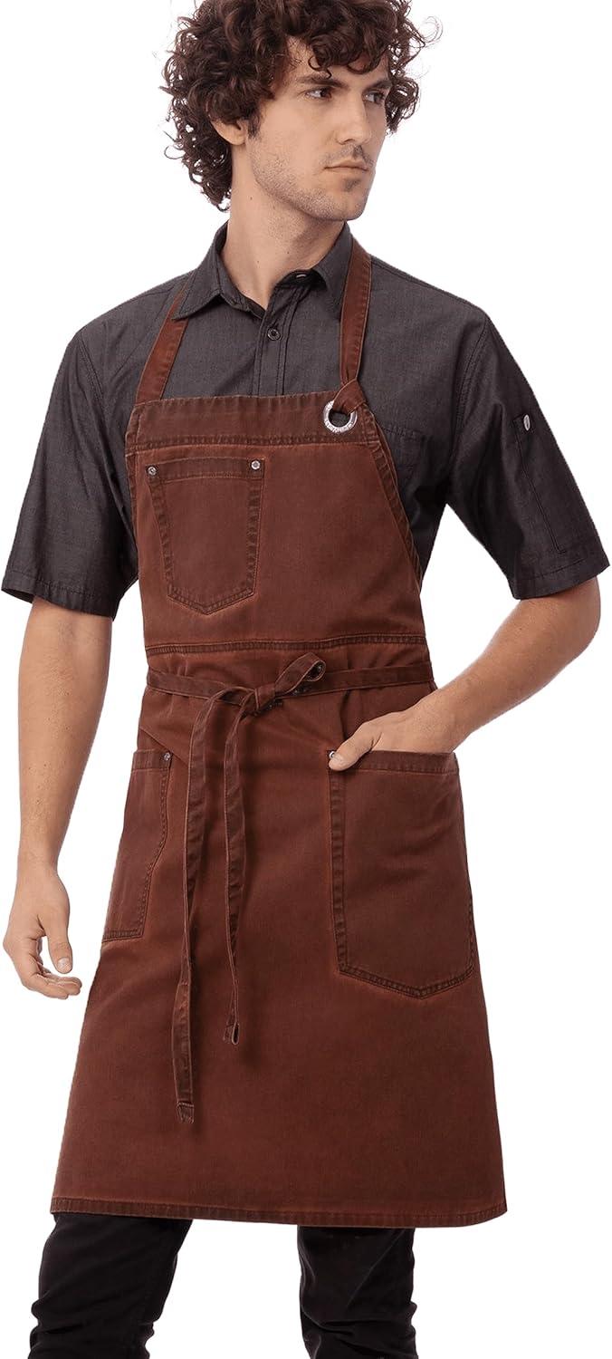 Rust Cotton Unisex Distressed Bib Apron with Pockets