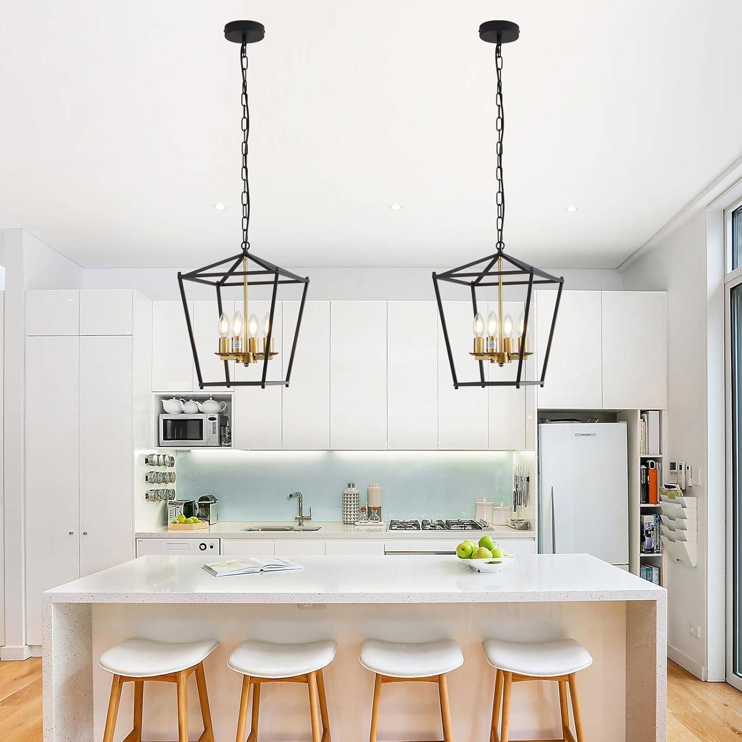 Rustic Lantern Chandeliers 4-Light Ceiling Cage Hanging Lights Gold Pendant Light Fixtures for Kitchen Island Dining Room Farmhouse Entryway Foyer