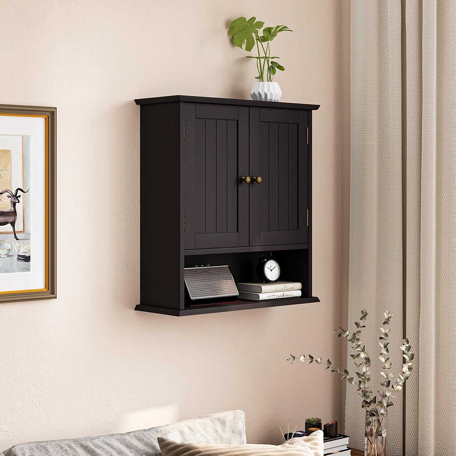 Semiocthome Bathroom Medicine Cabinet Wood 2 Doors Wall Cabinet over the Toilet Storage in Brown