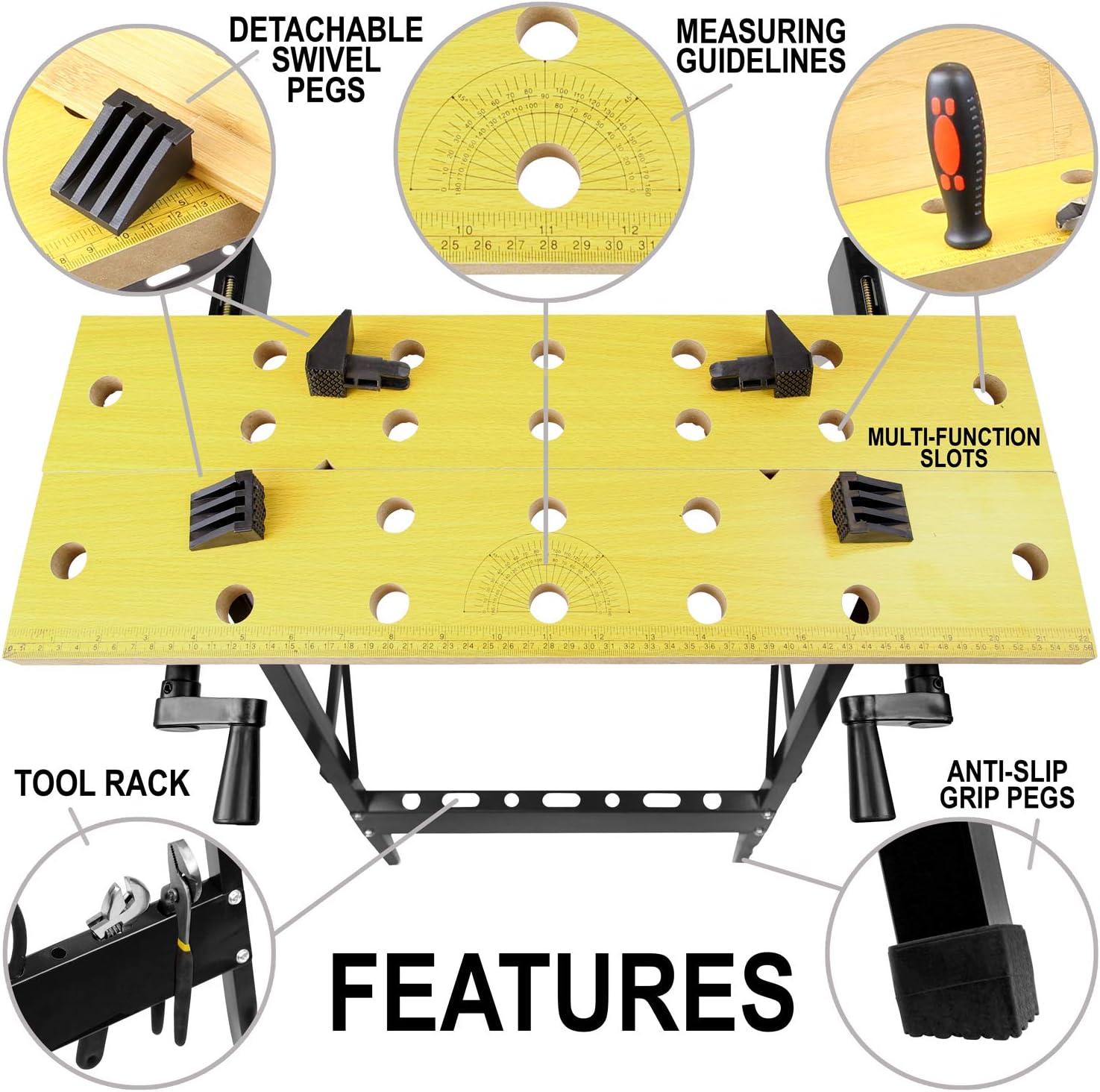 Portable Workbench, Folding Carpenter Saw Table with Adjustable Clamps - Easy to Transport with Heavy-Duty Steel Frame, 150 Lbs Capacity