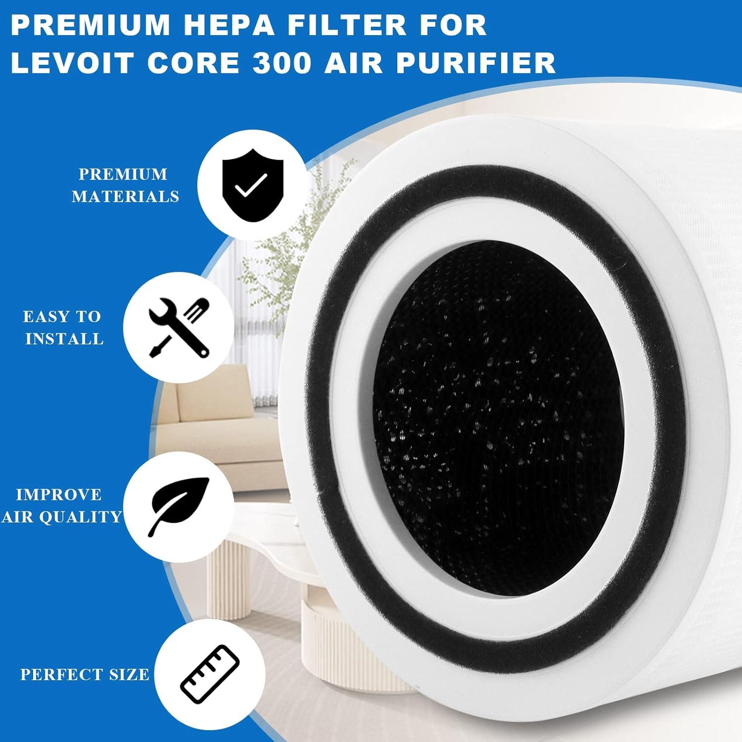 2-Pack Core 300 Replacement Filter for LEVOIT Core 300 and Core 300S Air Purifier, H13 True HEPA Filter and Activated Carbon, Replace Core 300-RF