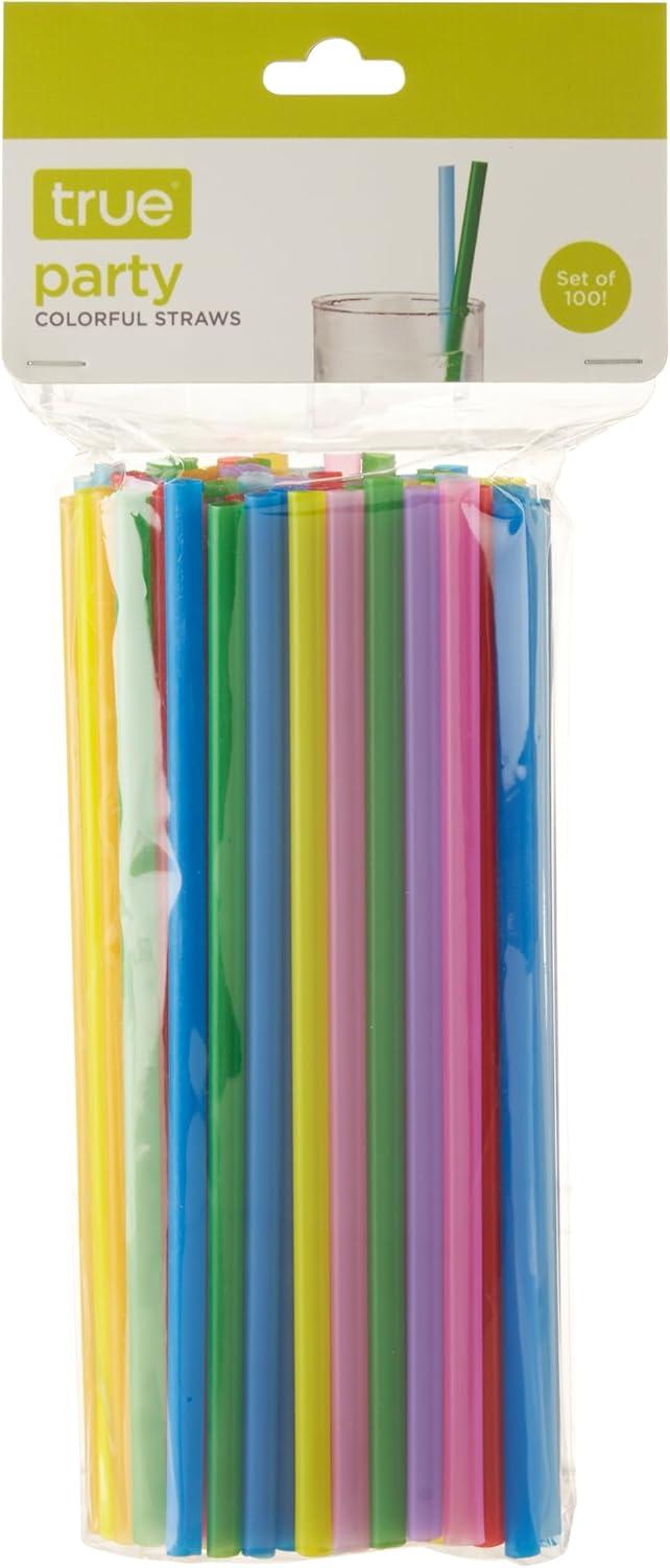 True Colorful Straws, Long Disposable Straws for Cocktails, Smoothies, Iced Coffee, Disposable Party Supplies, Assorted Colors, Set of 100