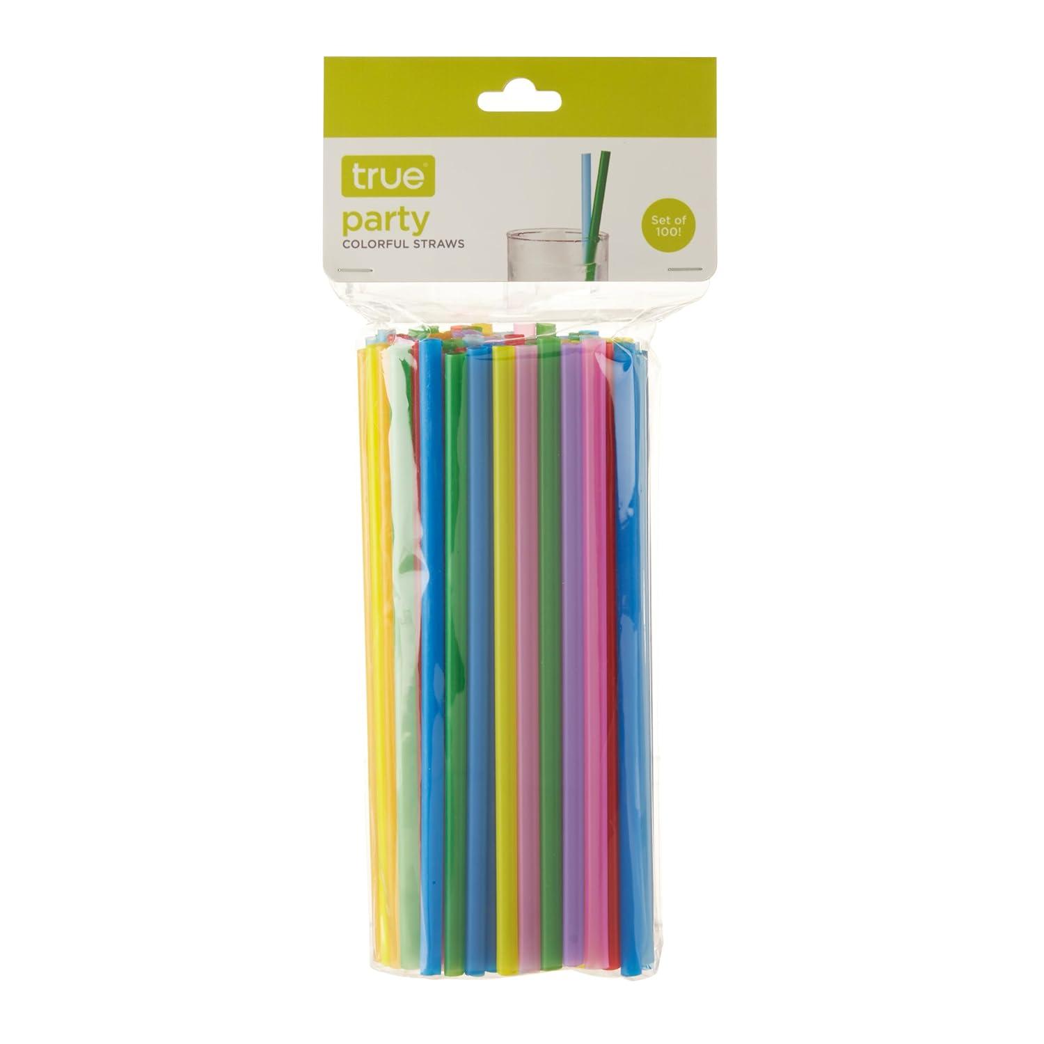 True Colorful Straws, Long Disposable Straws for Cocktails, Smoothies, Iced Coffee, Disposable Party Supplies, Assorted Colors, Set of 100