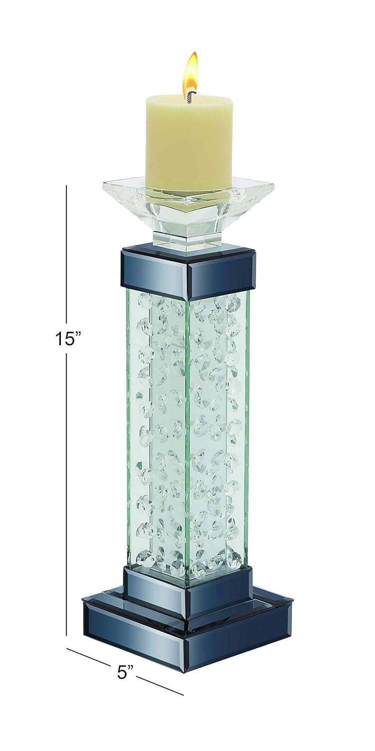 DecMode Silver Glass Pillar Candle Holder with Floating Crystals