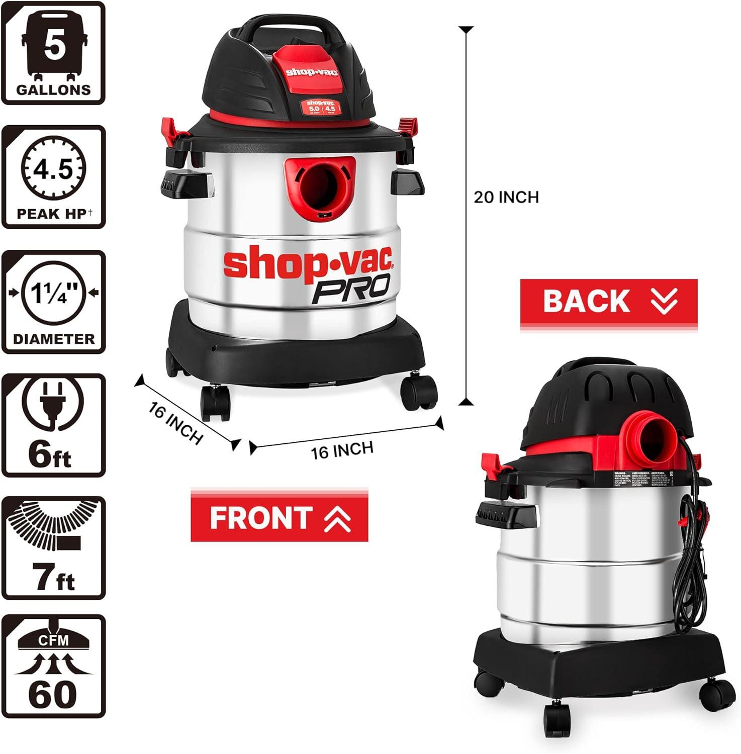 Shop-Vac 5989305 Wet/Dry Vacuum, 5 Gallon, 4.5 Peak HP Stainless Steel Vacuum, 1.25 Inch Diameter x 7 Foot Hose, 6 Ft Cord Length, Ideal for Jobsite, Garage, Car & Workshop