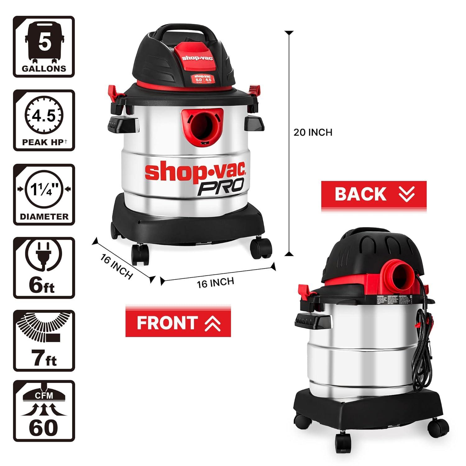Shop-Vac 5989305 Wet/Dry Vacuum, 5 Gallon, 4.5 Peak HP Stainless Steel Vacuum, 1.25 Inch Diameter x 7 Foot Hose, 6 Ft Cord Length, Ideal for Jobsite, Garage, Car & Workshop