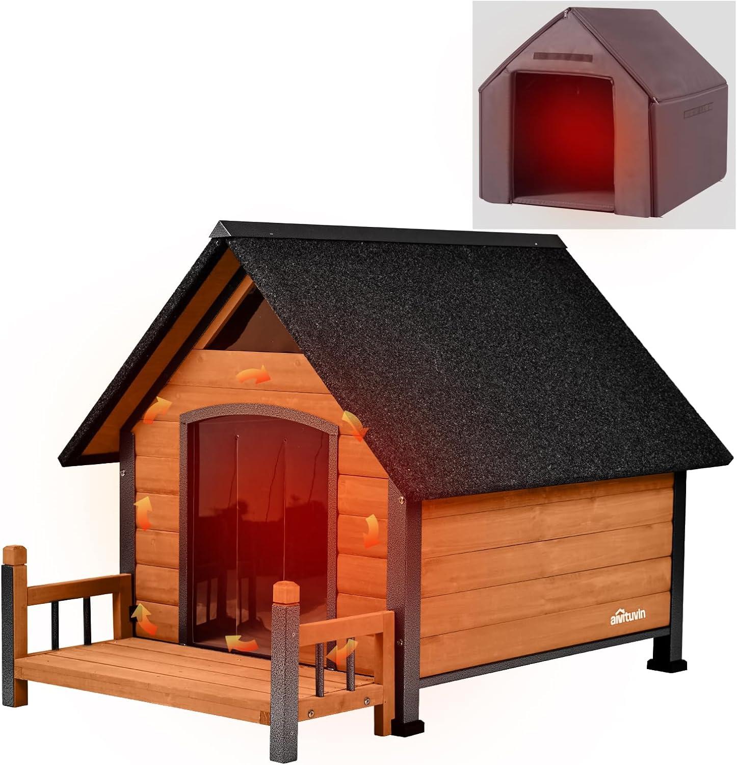 Large Brown Insulated Wooden Dog House with Elevated Floor