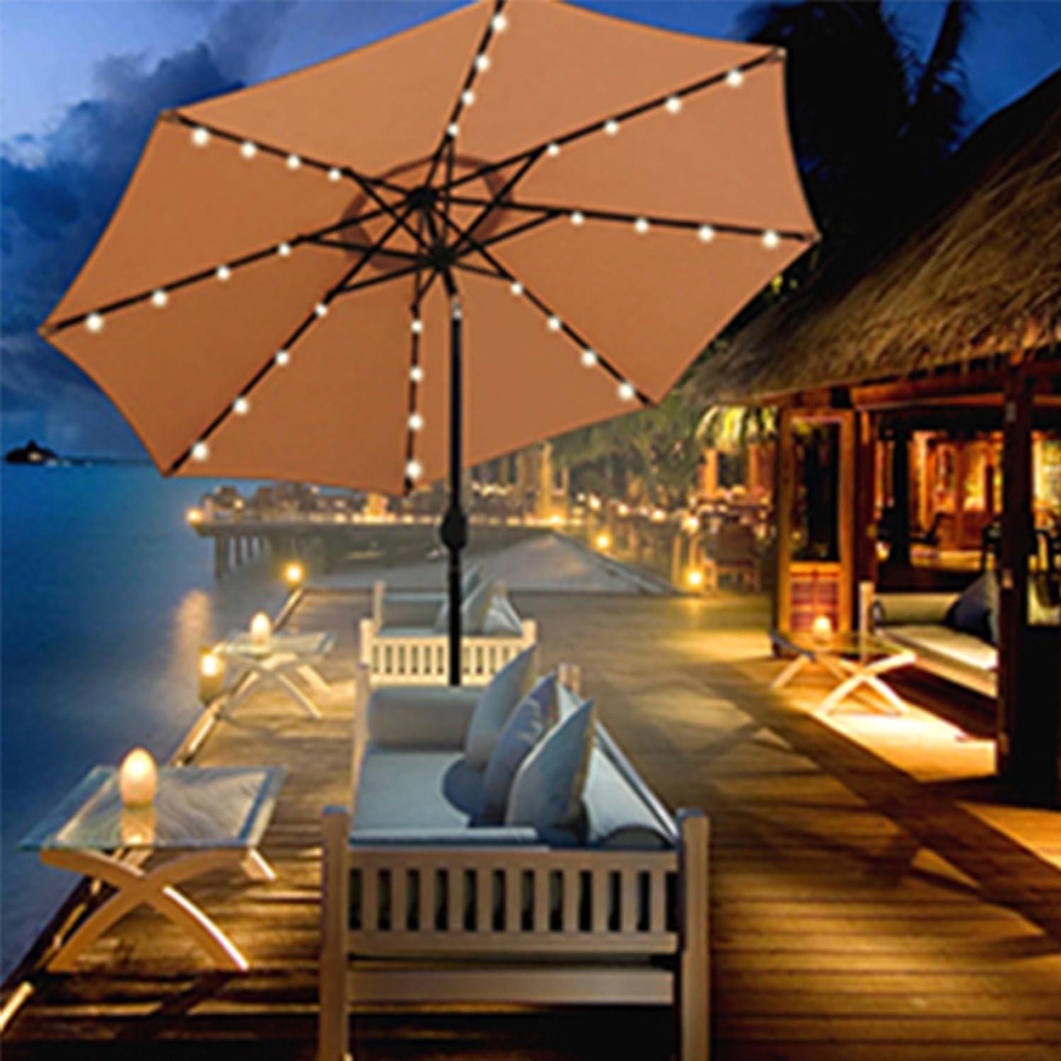 Tan 9 ft Round LED Lighted Market Umbrella with Black Aluminum Pole