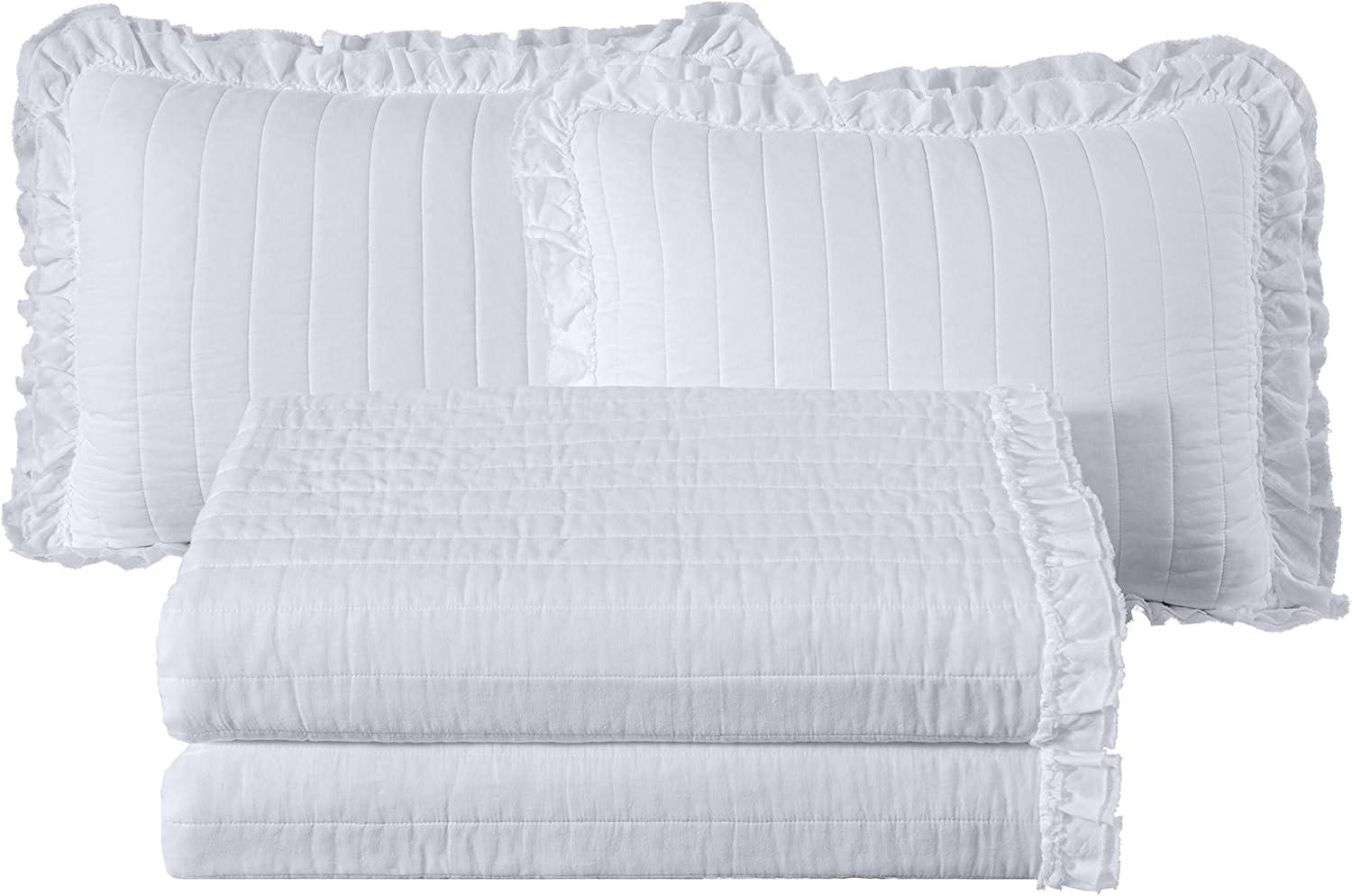 Chezmoi Collection Bonnie 3-Piece 100% Cotton Quilt Set Queen Size, White - Double Frayed Ruffled Edge Lightweight Pre-Washed Soft-Finished Cotton Bedspread for All Season