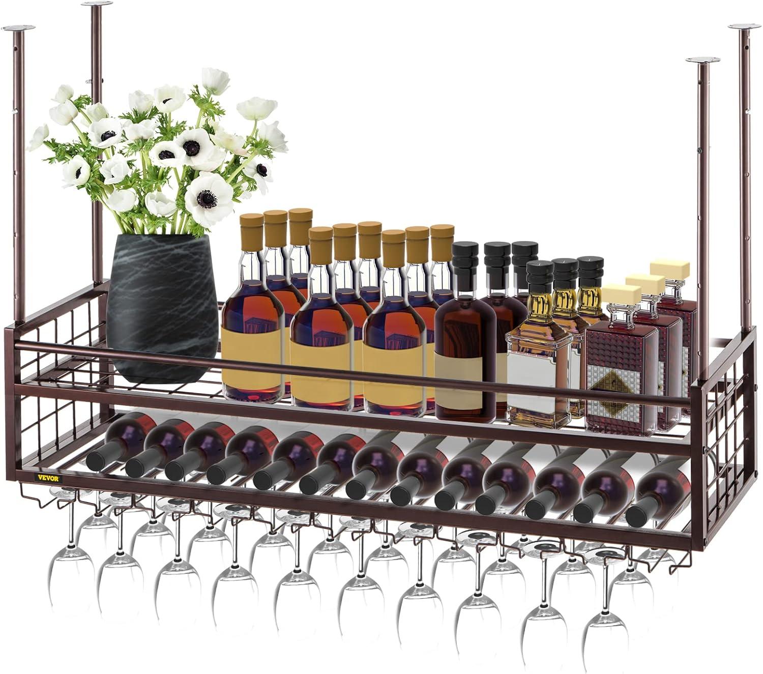 Copper Adjustable Ceiling Wine Glass Rack with Bottle Storage