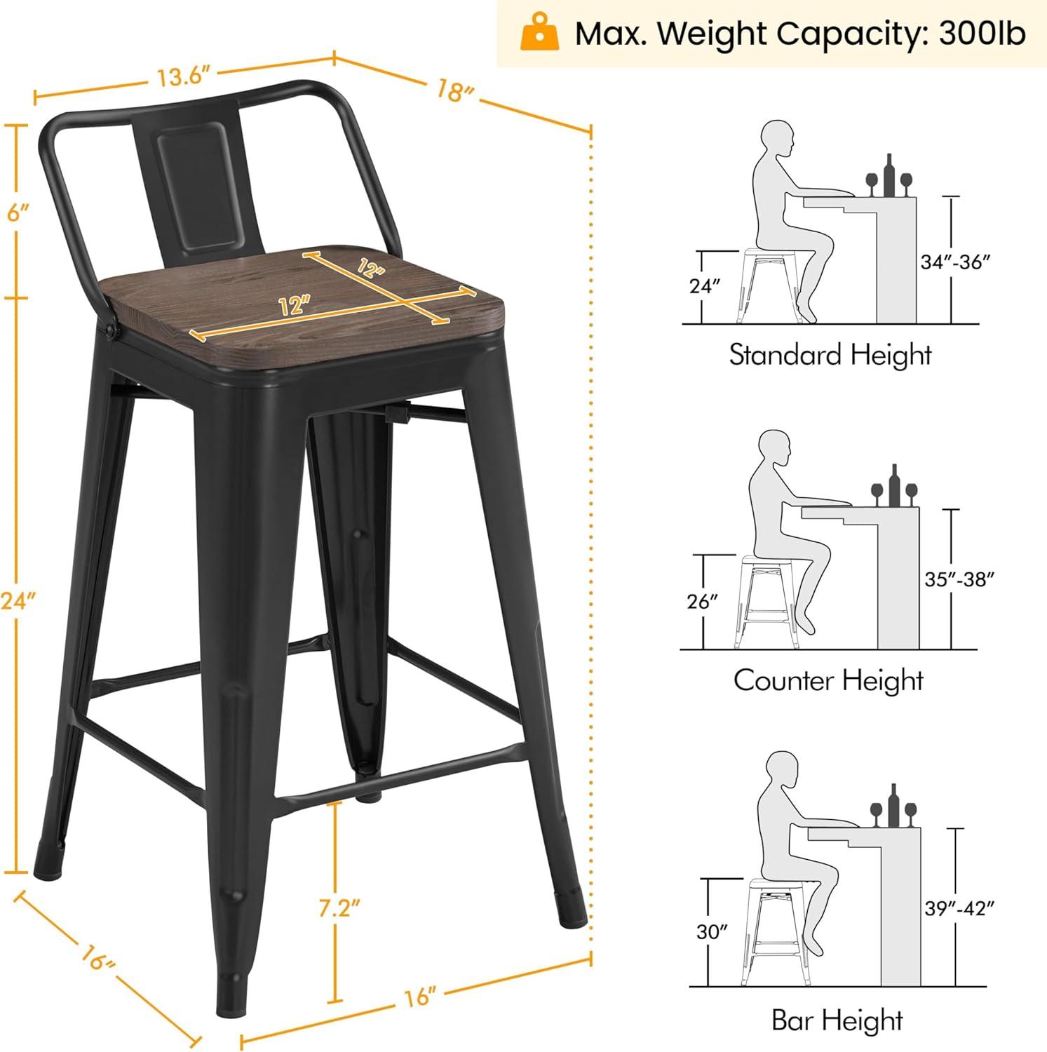 U-SHARE 24'' Metal Bar Stool 4PCS Low Back Conuter Stools for Indoor/Outdoor Barstools Metal Black Stools Bar Chairs w/Wooden Seat Metal Leg Industrial Counter Height Stools Black