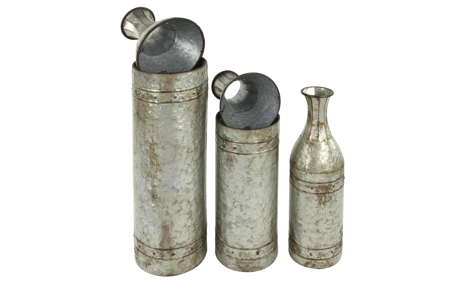 DecMode Farmhouse Cylinder Shape Extra Large Silver Distressed Metal Floor Vases, Set of 3, 43", 33", 25"H