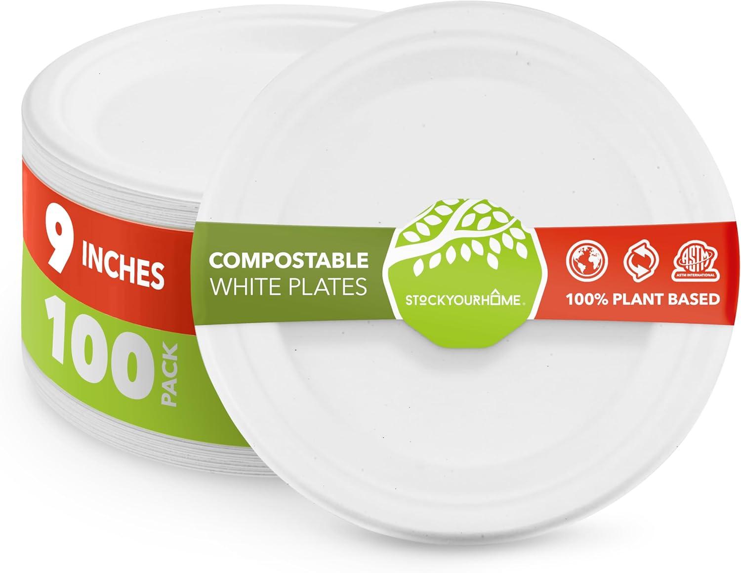 Eco-Friendly 9-Inch White Sugarcane Compostable Plates, 100 Count
