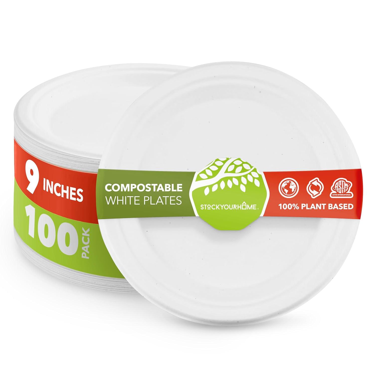Eco-Friendly 9-Inch White Sugarcane Compostable Plates, 100 Count