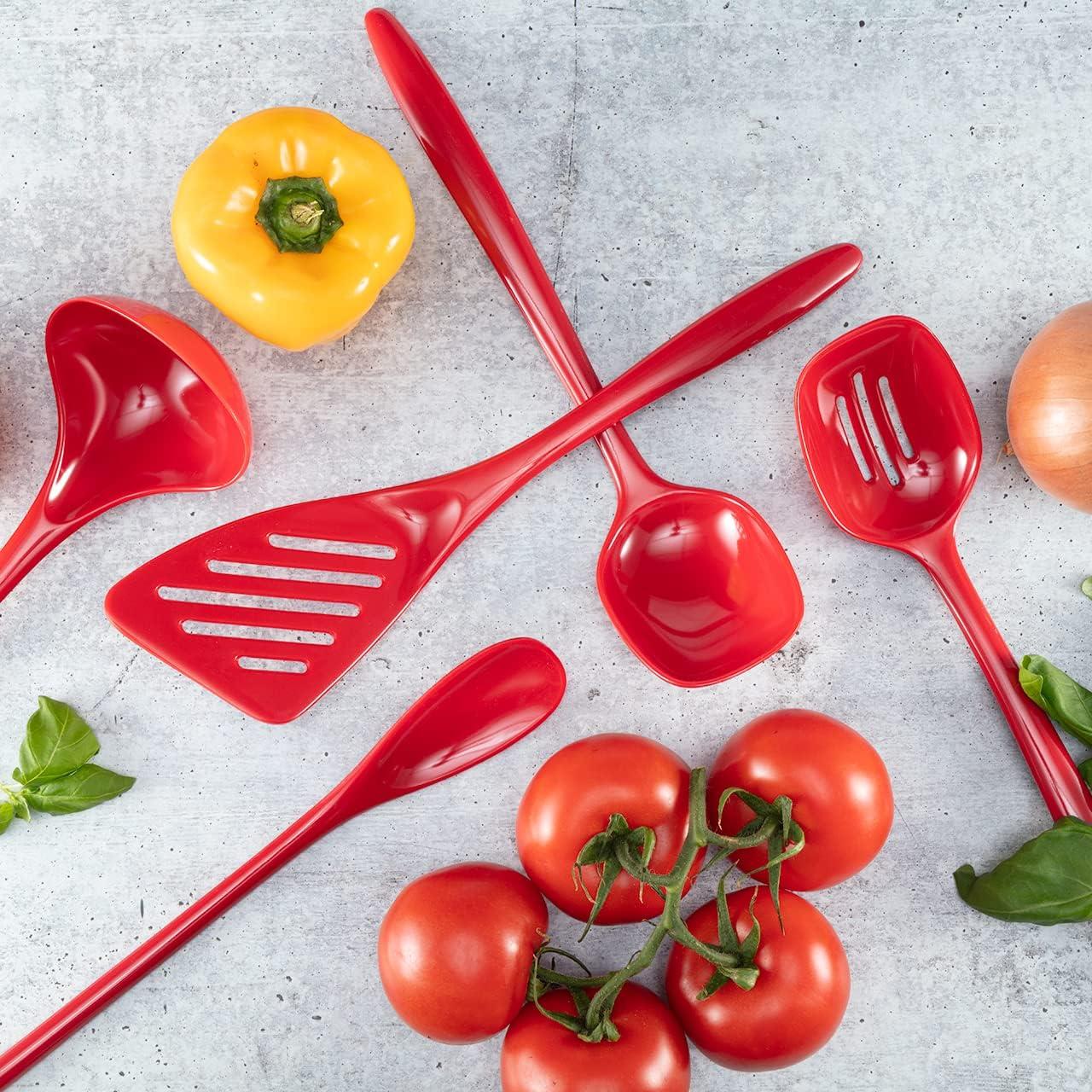 Hutzler 6-piece Melamine Cooking Utensils Set, Includes a 12-inch Long Slotted Spoon, Solid Spoon, Mixing Spoon, Slotted Turner, Soup Ladle, and Storage Crock - Red