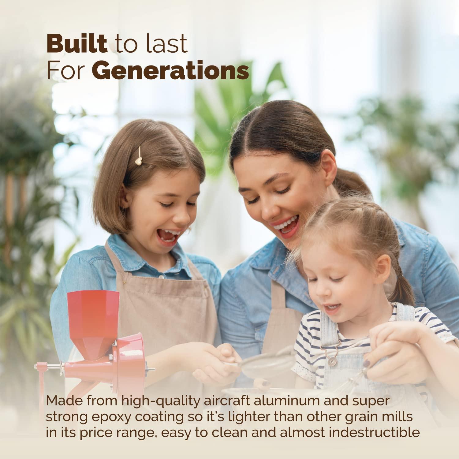 WONDERMILL Manual Hand Crank Grain Mill-Corn, flour mill grinder for home kitchen-Aircraft Aluminum. For Dry and Oily Grains - High Hopper, Spice, Wheat Stone Mill (Red).