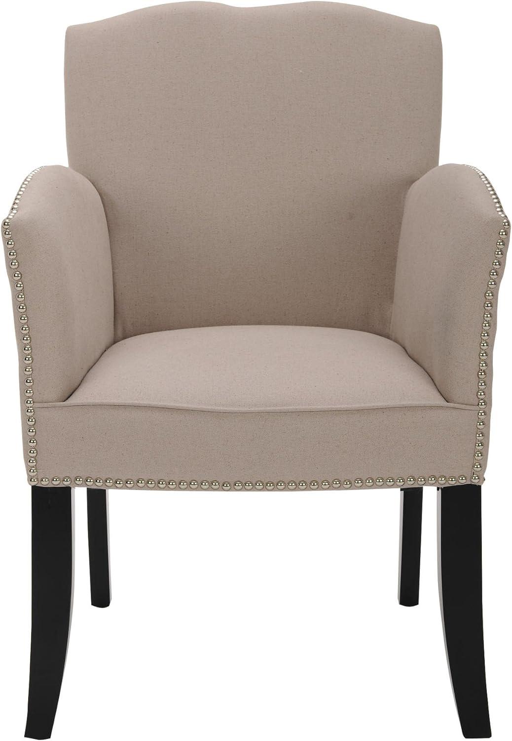 Transitional Taupe Linen Arm Chair with Silver Nailhead Detail