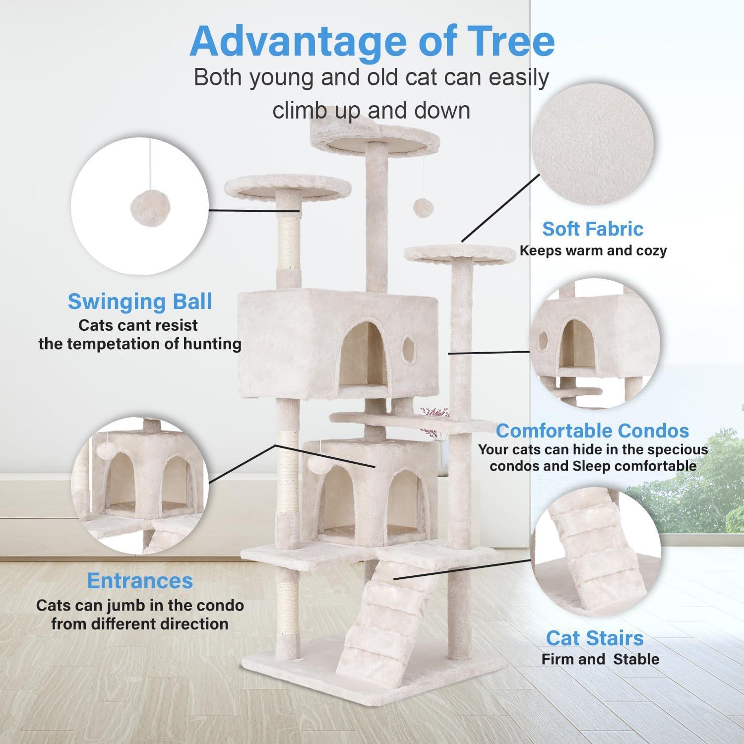 QuellQuest 54in Multi-Level Cat Tree Tower Furniture Activity Center with Scratching Posts, Toys and Condo for Indoor Kittens, Beige