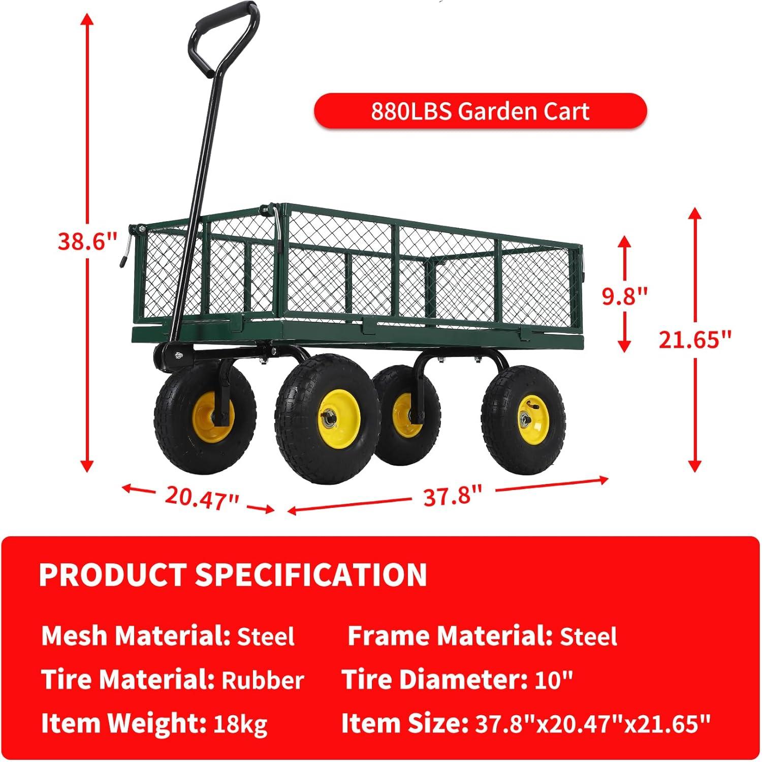 Green Heavy Duty Steel Garden Cart with Pneumatic Wheels