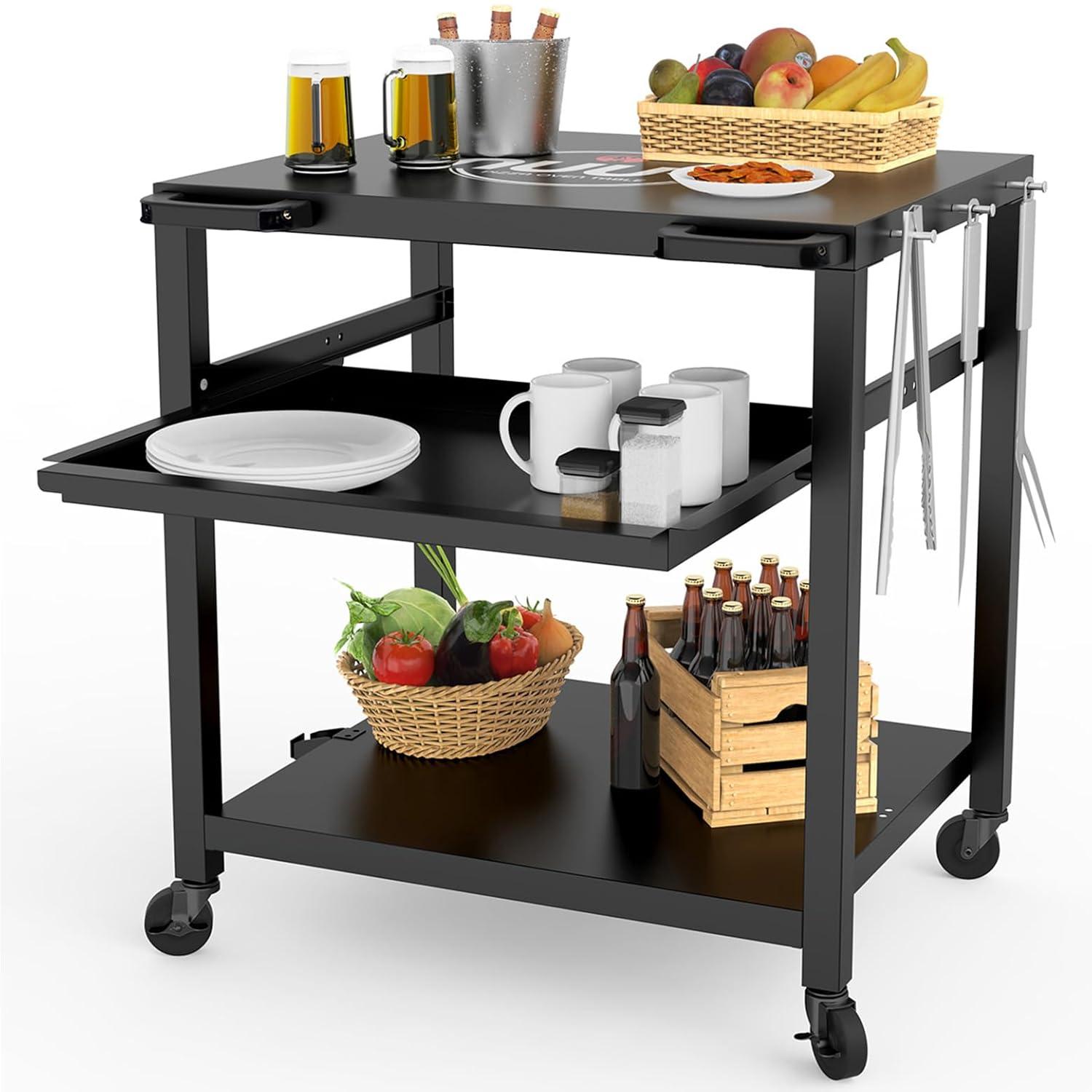 Hokku Designs Outdoor Pizza Oven & Grill Prep Table With Rolling Cart - 24"X30" Metal Top, 3-Layer Drawer Storage