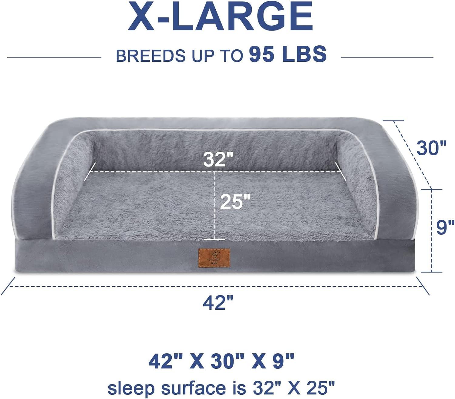 Gray Orthopedic XL Waterproof Dog Bed with Bolsters