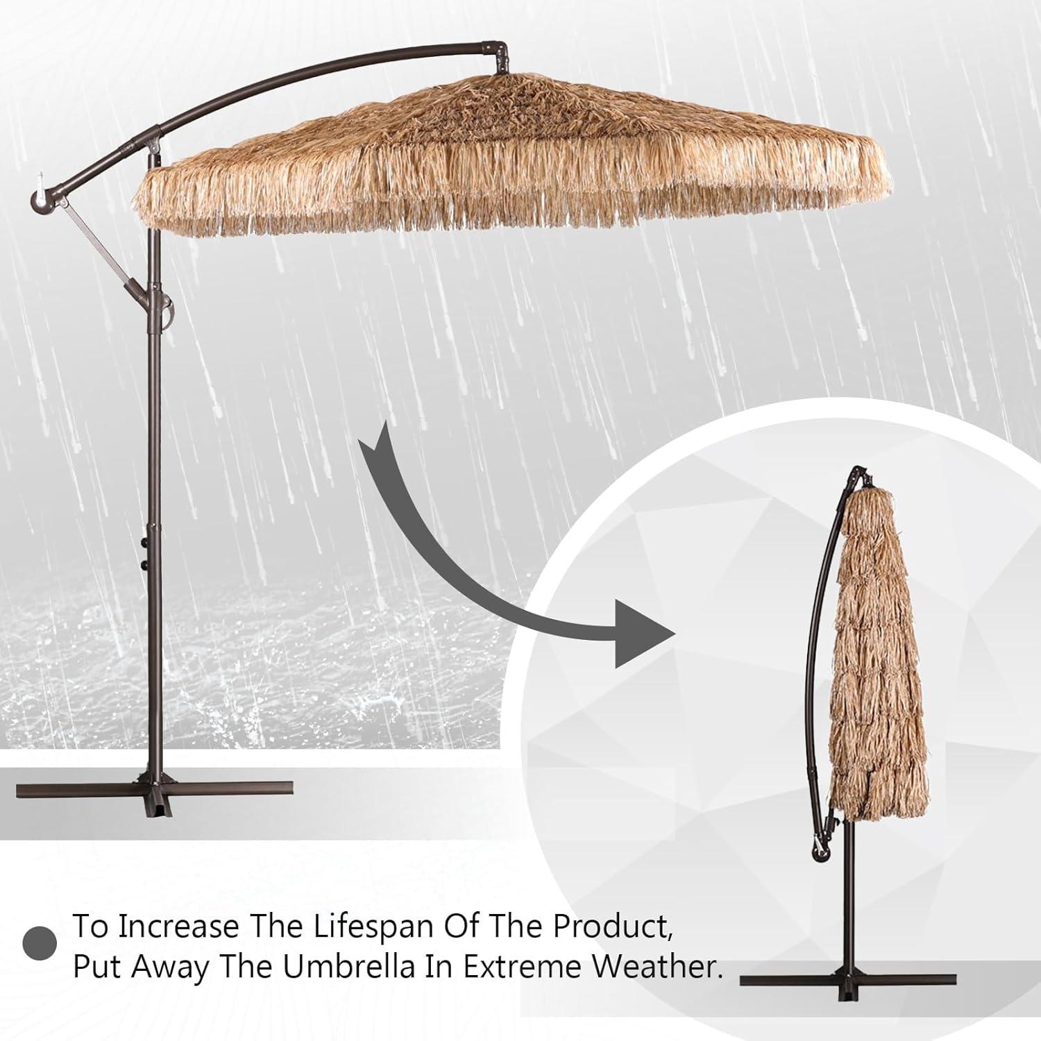 Aoodor 10FT Cantilever Tiki Thatch Patio Umbrella, Hand-Push Tilt Offset Umbrella for Outdoor, Natural Straw Look (No Base)