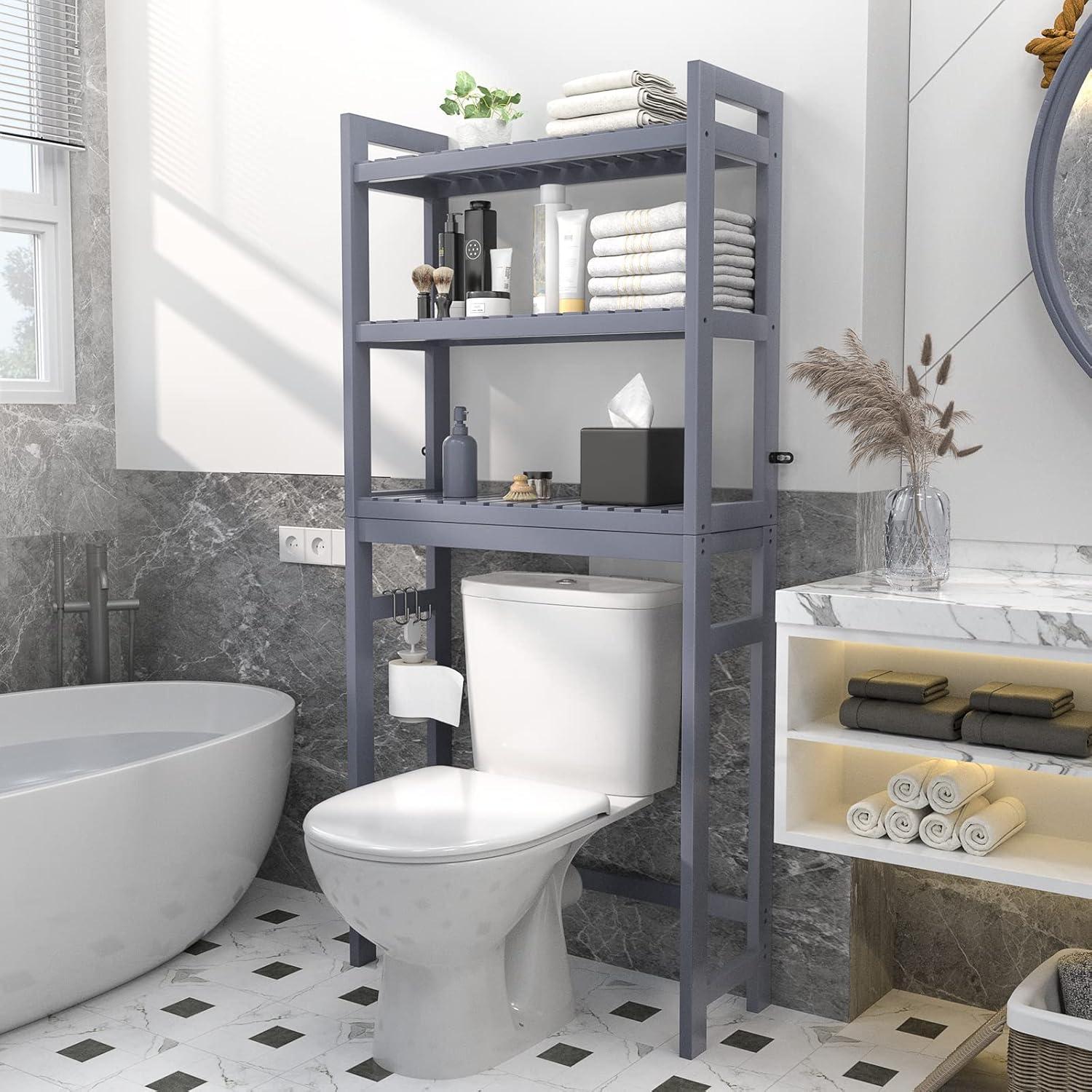 SONGMICS 3-Tier Over The Toilet Storage Bamboo Over Toilet Bathroom Organizer with Adjustable Shelf Grey