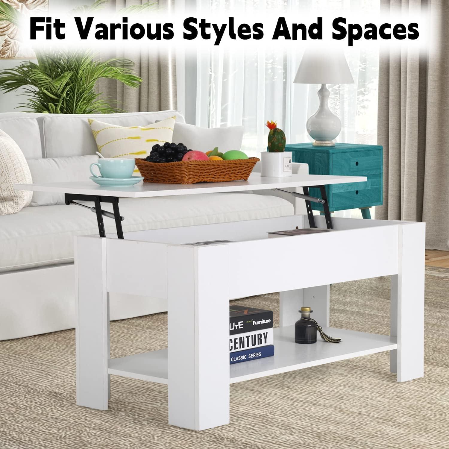 FDW Coffee Tables with Hidden Compartment and Storage Shelf Wooden Lift Tabletop Dining Table for Living Room Home (White)