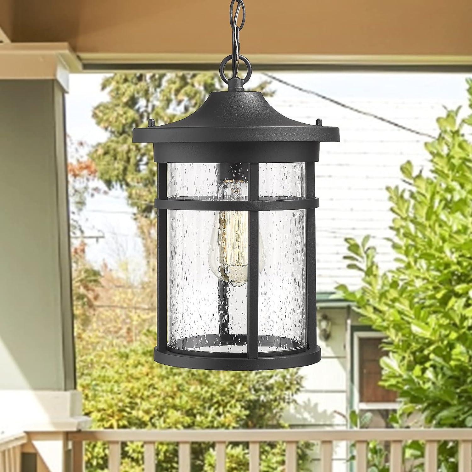 Black Seeded Glass Outdoor Hanging Lantern Light