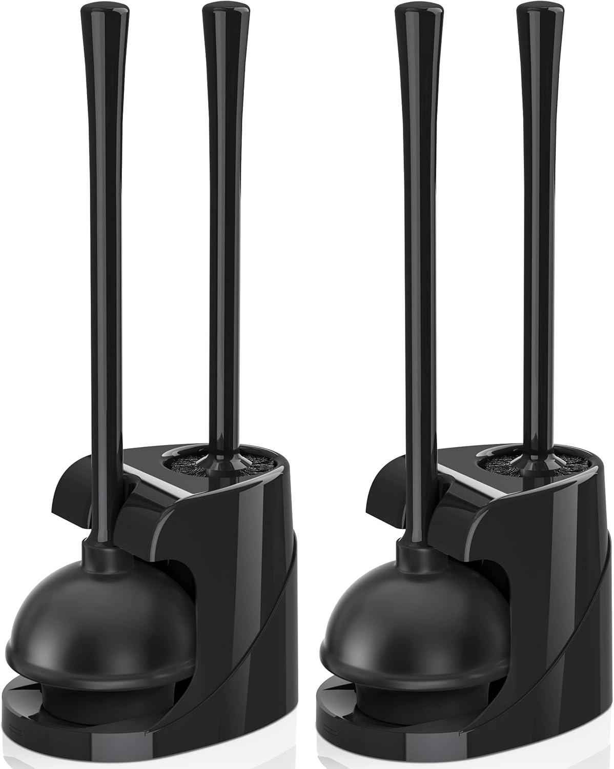 Black Plastic Toilet Plunger and Brush Set with Ventilated Holder