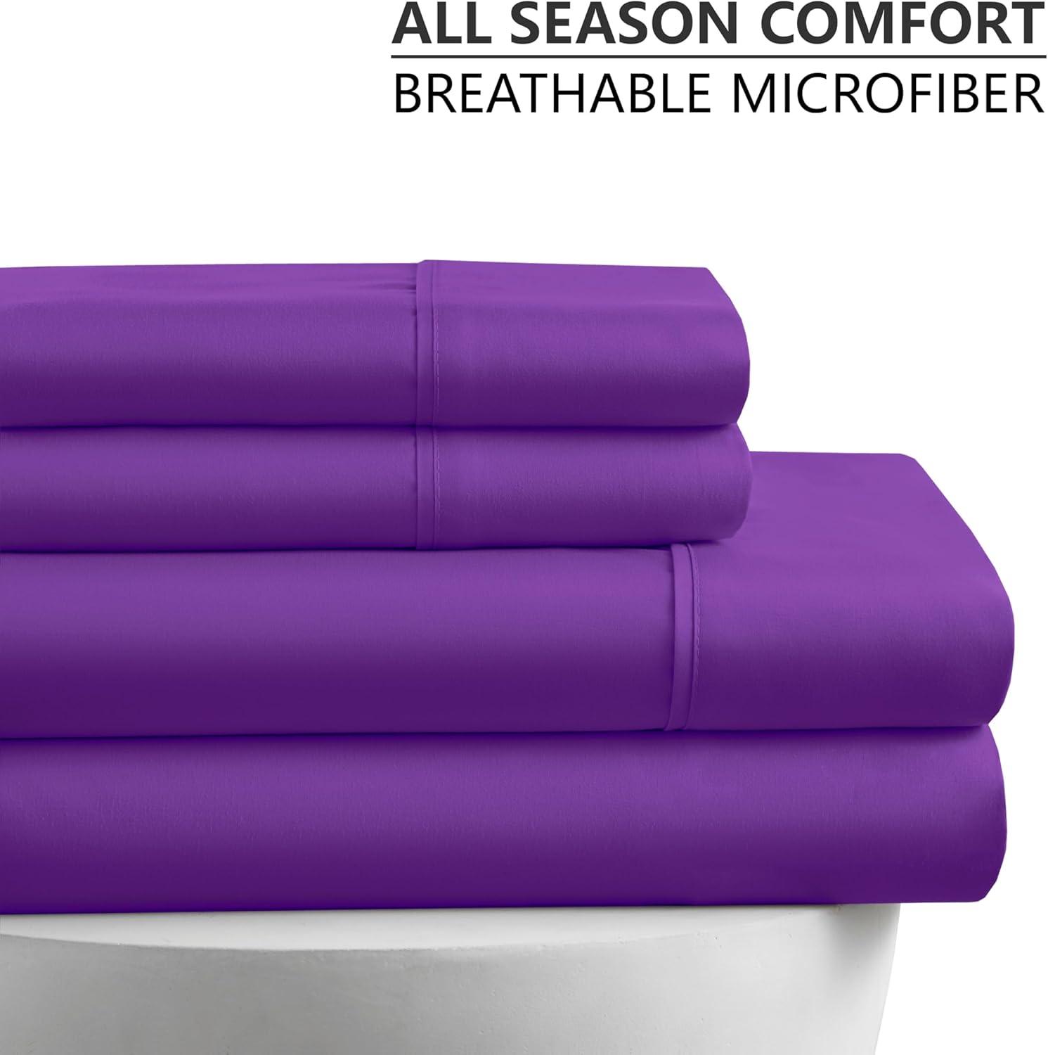 American Home Collection Brushed Microfiber Sheet Set, Deep Pocket Extra Soft Sheets & Pillowcases Set, 4 Pieces, Queen, Purple