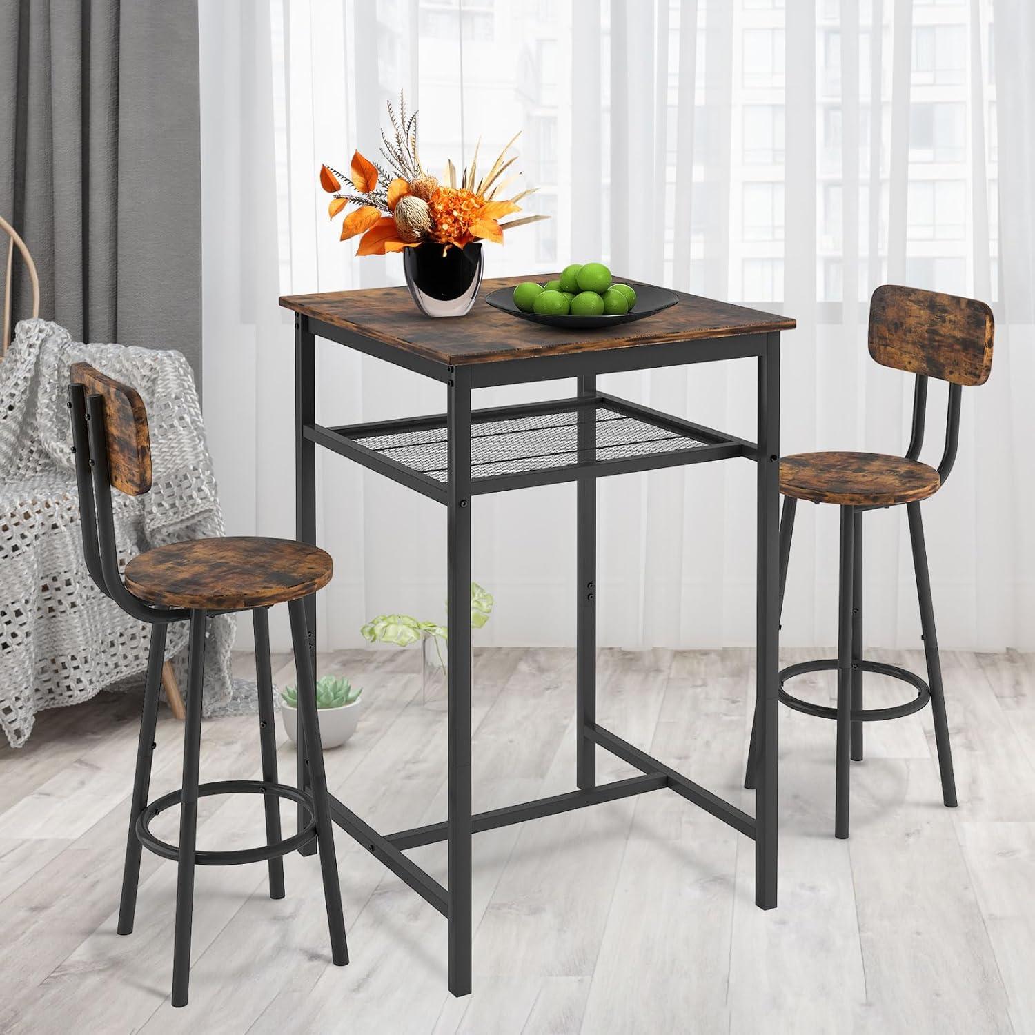 Rustic Brown Square Pub Table Set with 2 Stools