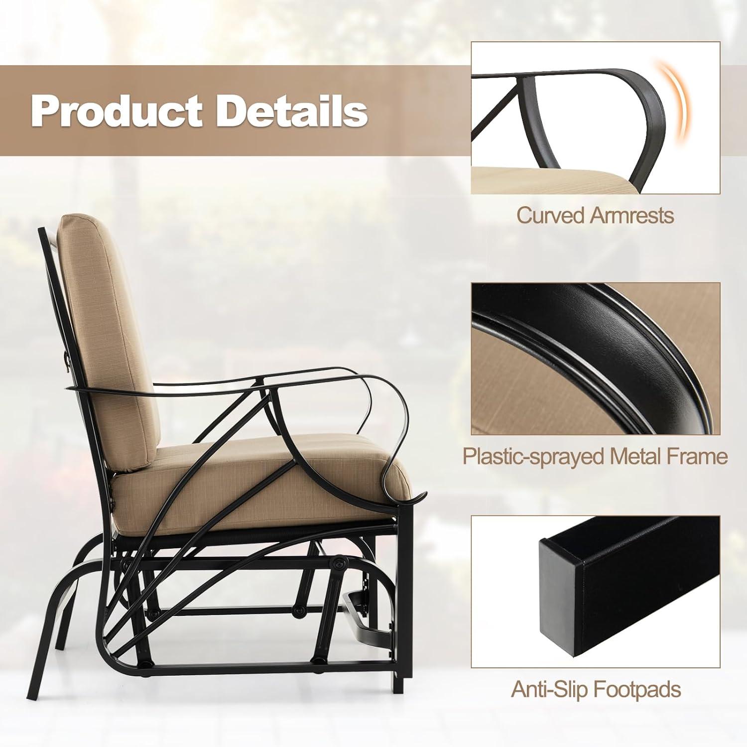 Tangkula Patio Glider Chair Outdoor Metal Glider w/ Seat & Back Cushions Backyard Poolside