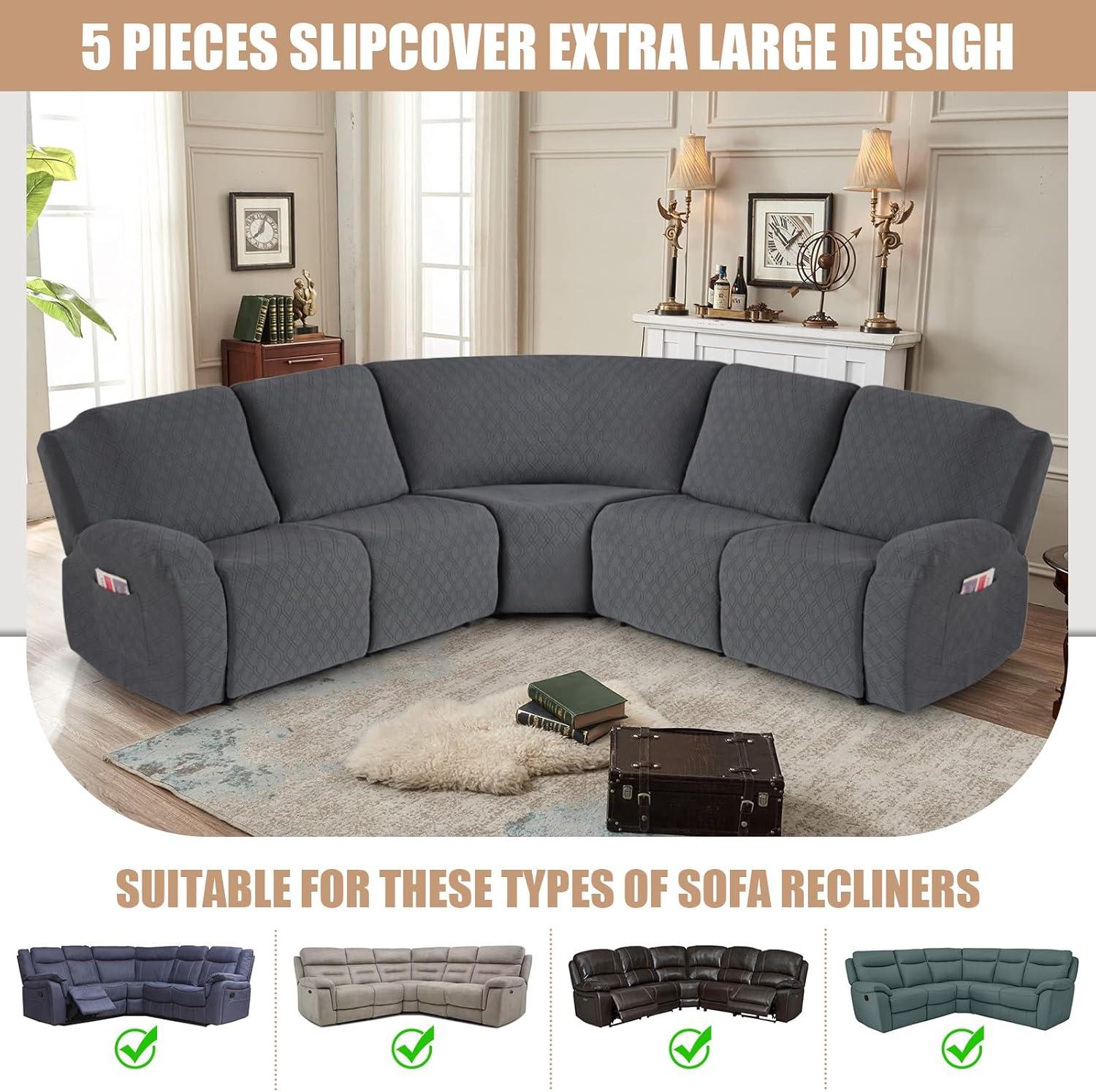 5-Pieces Recliner Corner Sectional Sofa Slipcovers- Oversized Box Cushion Reclining Sofa Covers for L Shaped Couch with Pockets ( 5 Seater)