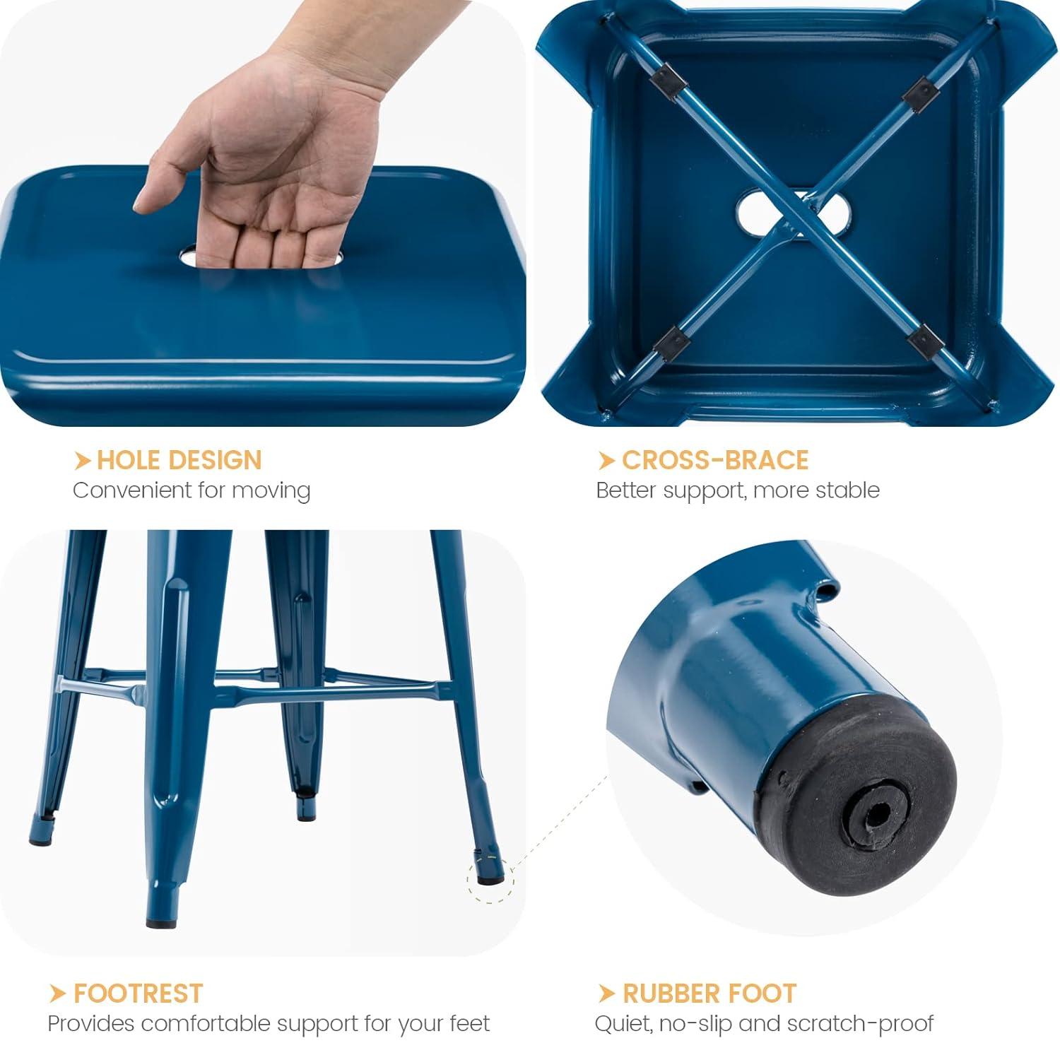 Vogue Furniture Direct 24 Inch Metal Bar Stools, Backless Counter Height Barstools, Indoor Outdoor Stackable Stools with Square Seat, Set of 2 (Deep Blue)