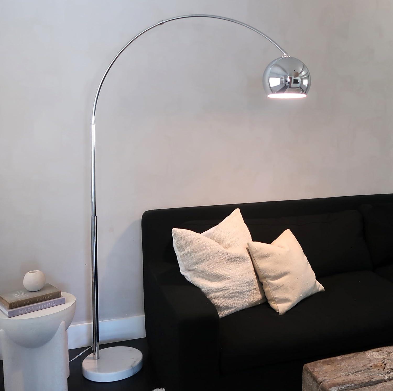 Brightech Olivia 75" Modern Industrial LED Arc Floor Lamp with Silver Chrome Finish, White Marble Base, and Metal Bowl Shade, Bulb Included