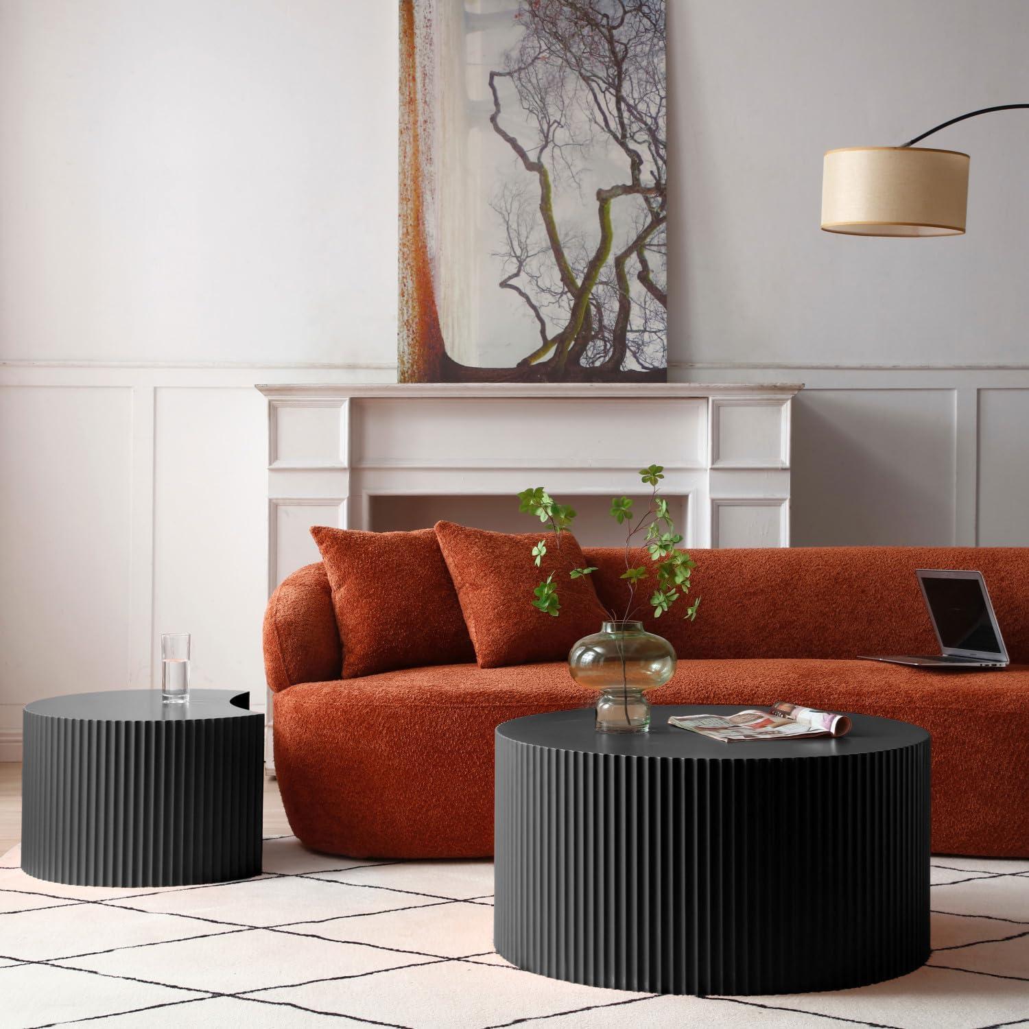 WILLIAMSPACE Nesting Coffee Table Set of 2, Matte Black Round Wooden Coffee Tables, Modern Luxury Side Tables Accent End Table for Living Room Apartment