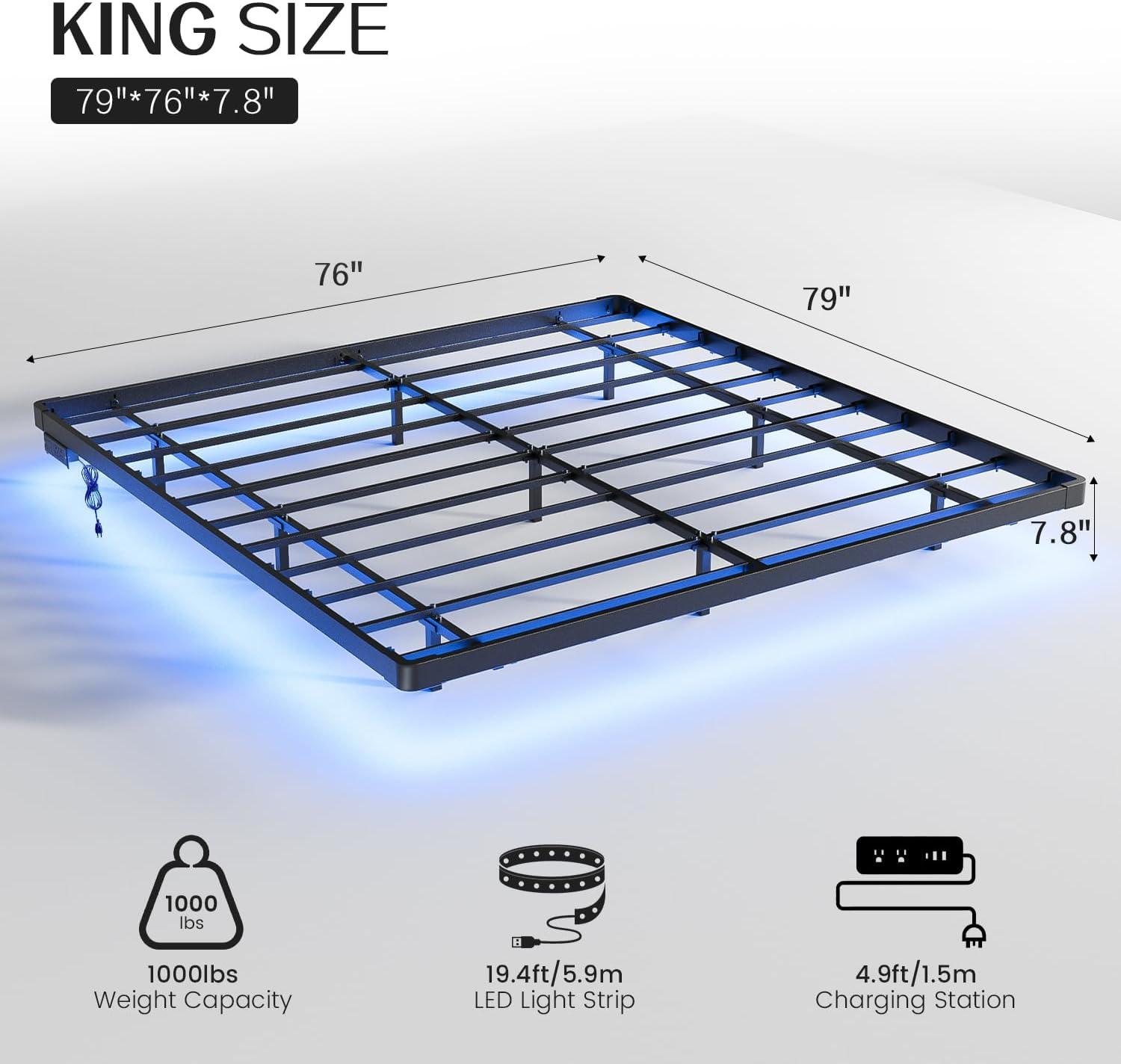 Floating Bed Frame With Led Lights Metal Platform Bed, No Squeak