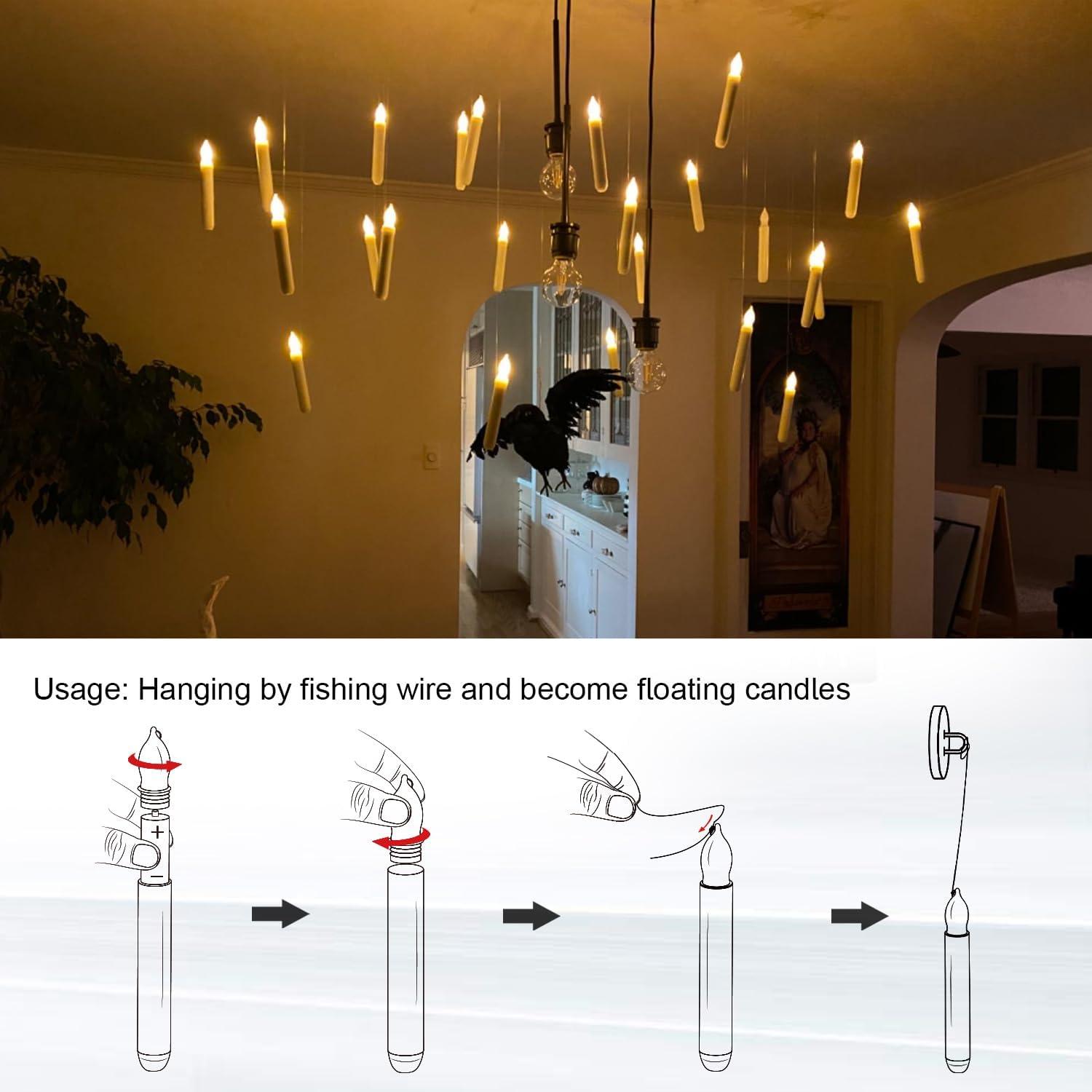 NEWEEN Set of 24 Flamelesss LED Taper Candles with Warm White Flickering Flame Light, Battery Operated Floating Candles, LED Taper Handheld Candlesticks for Church Party Halloween Decorations
