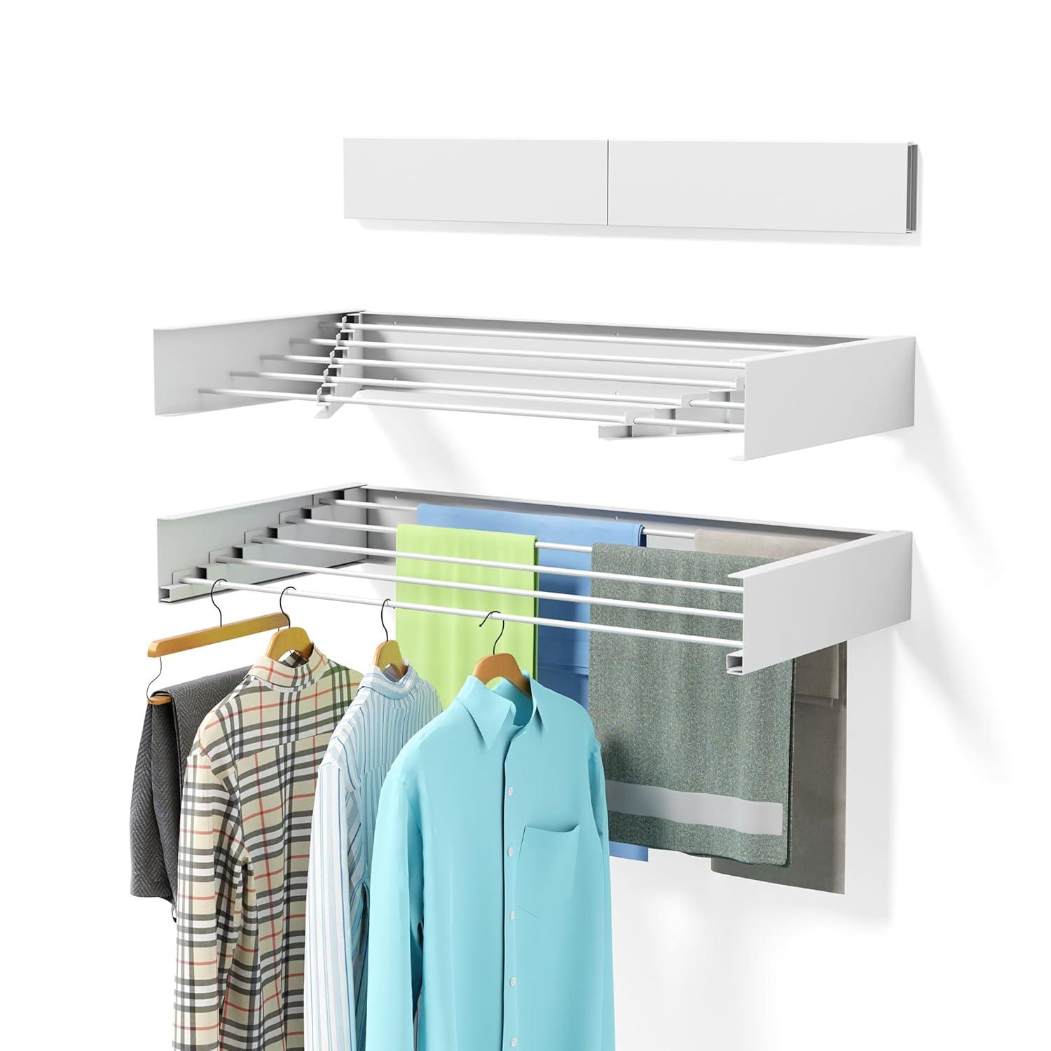 Laundry Drying Rack Wall Mounted Clothes Drying Rack Collapsible 31.5" Wide with 13.2 Linear Ft and 5 Aluminum Rods Drilling Template Long Screwdriver Bit 60 lbs Capacity White