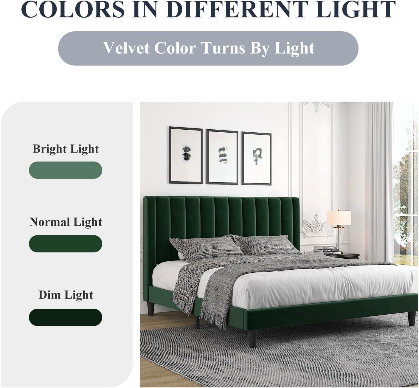 Allewie King Platform Bed Frame/Velvet Upholstered Bed Frame with Vertical Channel Tufted Headboard/Strong Wooden Slats/Mattress Foundation/Box Spring Optional/Easy Assembly/Green