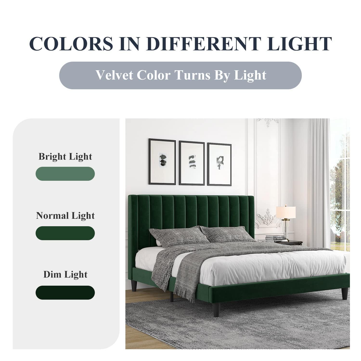 Allewie Queen Velvet Upholstered Bed Frame with Vertical Channel Tufted Headboard, Green