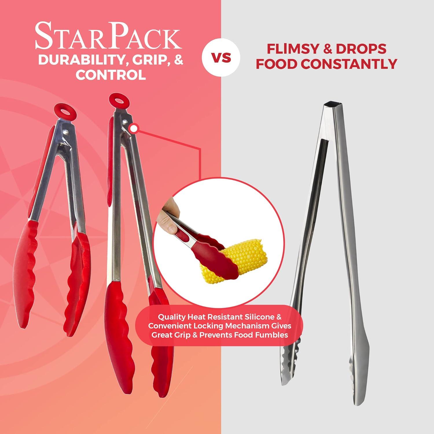 StarPack Basics Silicone Kitchen Tongs (9-Inch & 12-Inch) - Stainless Steel with Non-Stick Silicone Tips, High Heat Resistant to 480°F, For Cooking, Serving, Grill, BBQ & Salad (Cherry